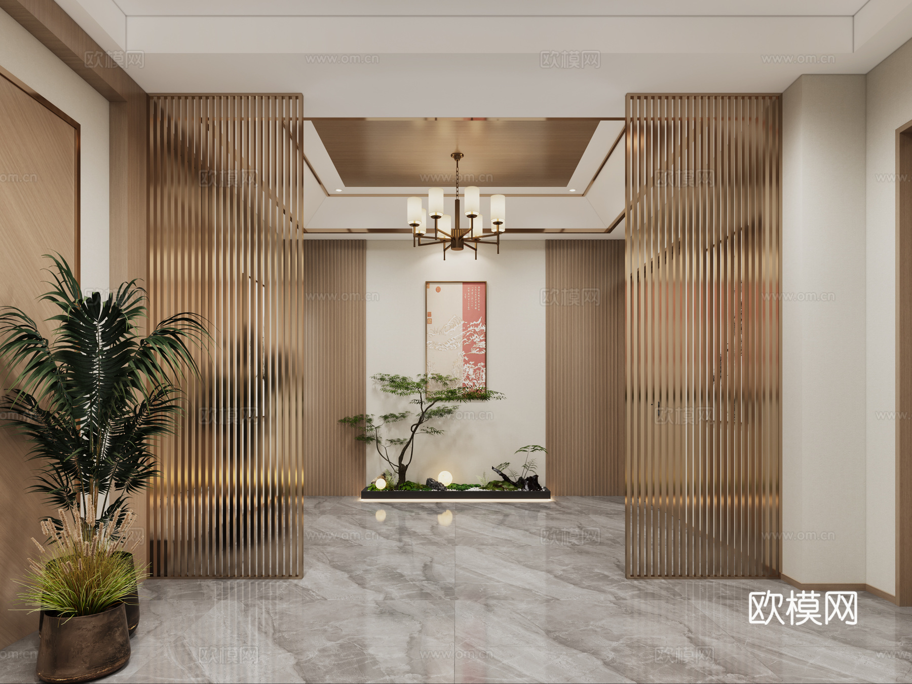 轻奢过道 轻奢楼梯间 新中式中庭 轻奢玄关3d模型下载（渲染图1）