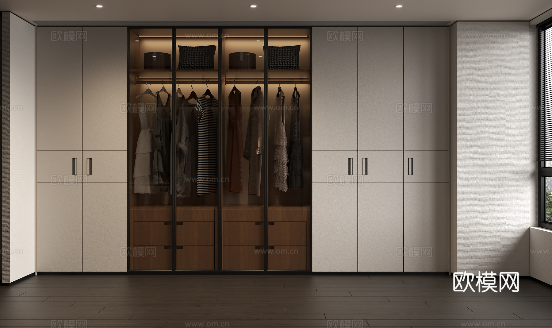 现代皮革玻璃衣柜 现代意式皮革柜门 现代意式衣帽间 现代皮革su模型