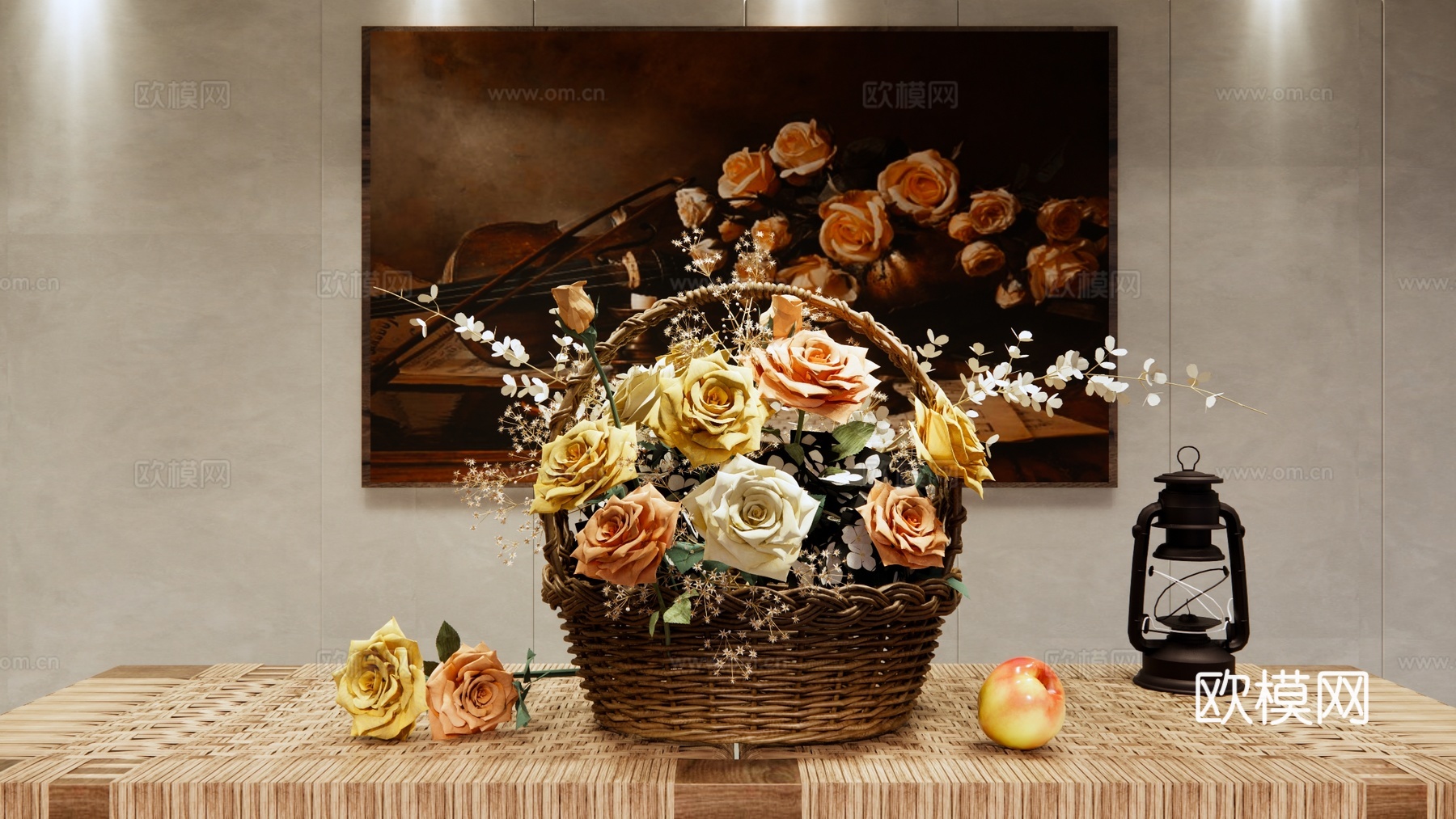 现代 花篮 花篮干花摆件 插花花艺组合 装饰品摆件 竹编花篮su模型