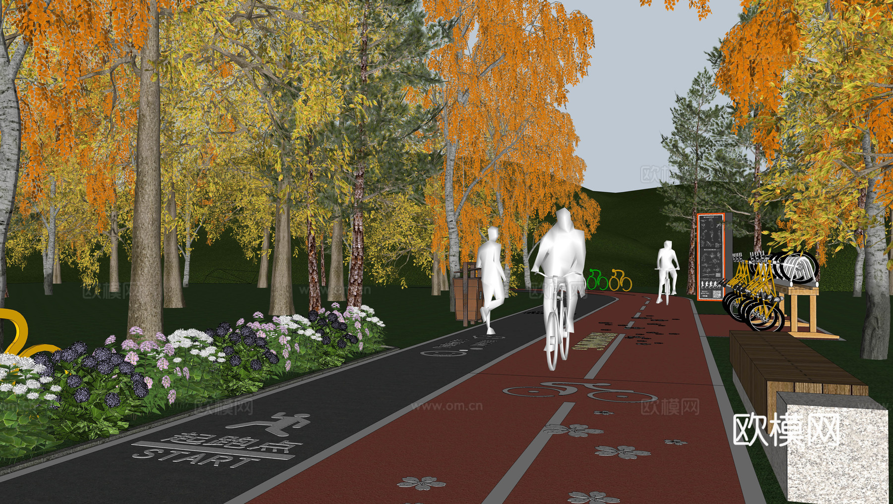 现代 公园 体育公园游步道 马拉松跑道 生态骑行道 健康跑道su模型