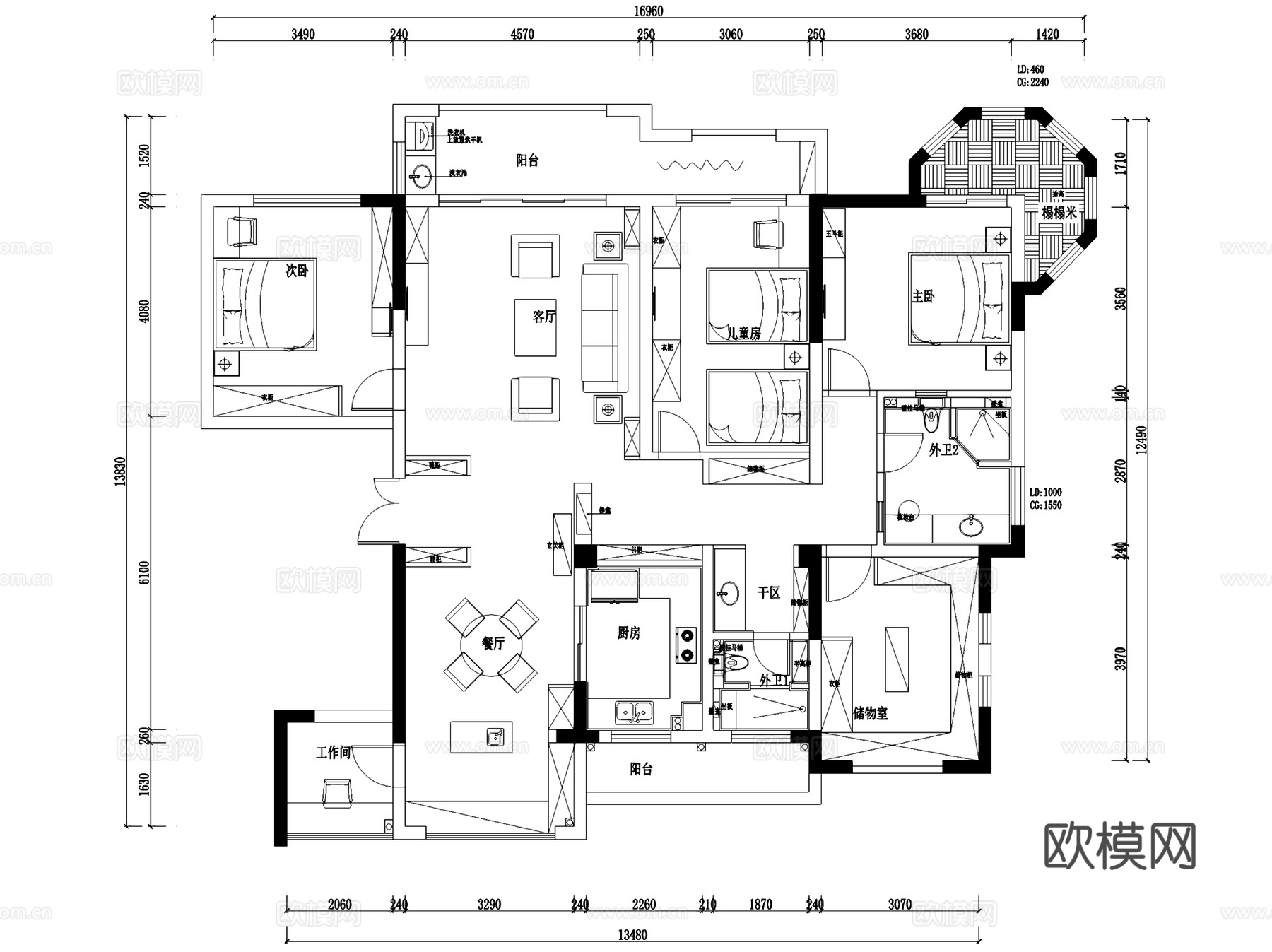 中南世纪城26#306美式四室两厅两卫大平层室内家装CADcad施工图