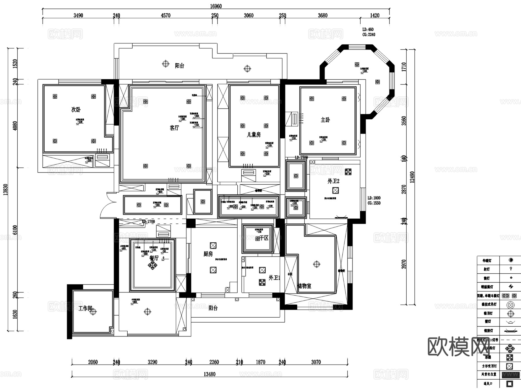 中南世纪城26#306美式四室两厅两卫大平层室内家装CADcad施工图