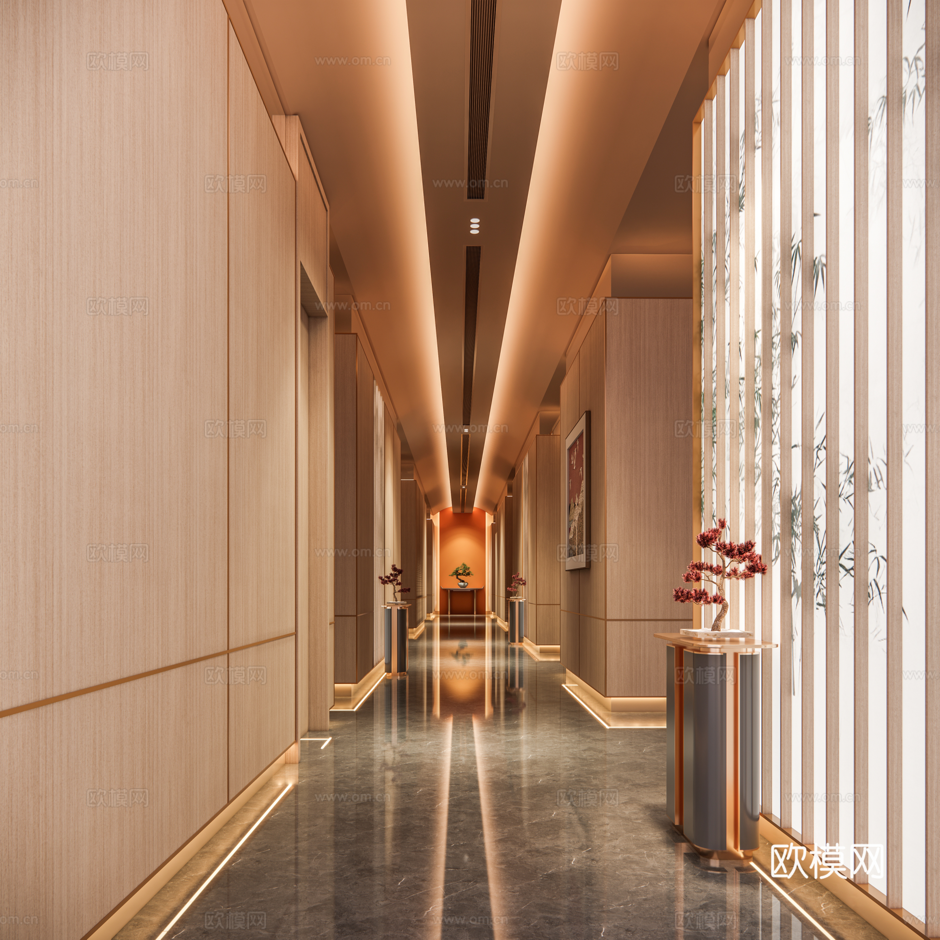 酒店会所过道走廊 发光软膜雕塑 端景护墙板玄关柜 SPA足浴su模型