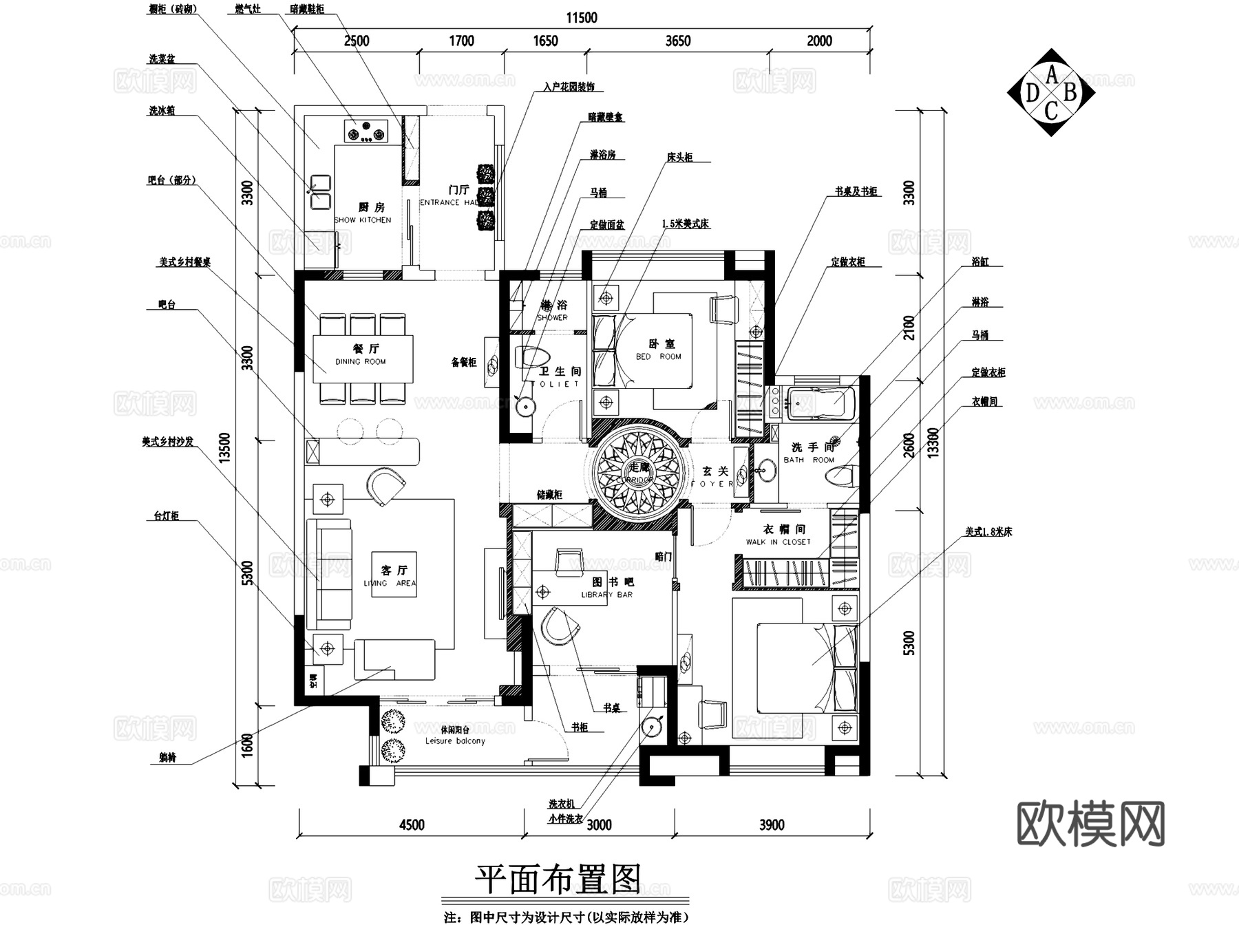 刑门美式私宅三室两厅两卫室内家装CAD施工图cad施工图