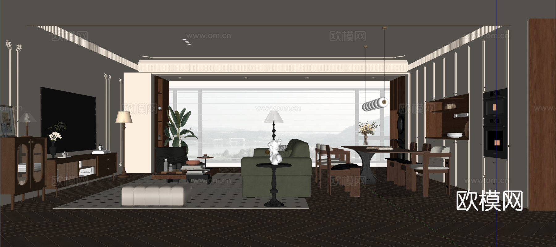 法式中古风客餐厅 沙发茶几 餐桌椅 电视背景墙 餐边柜su模型