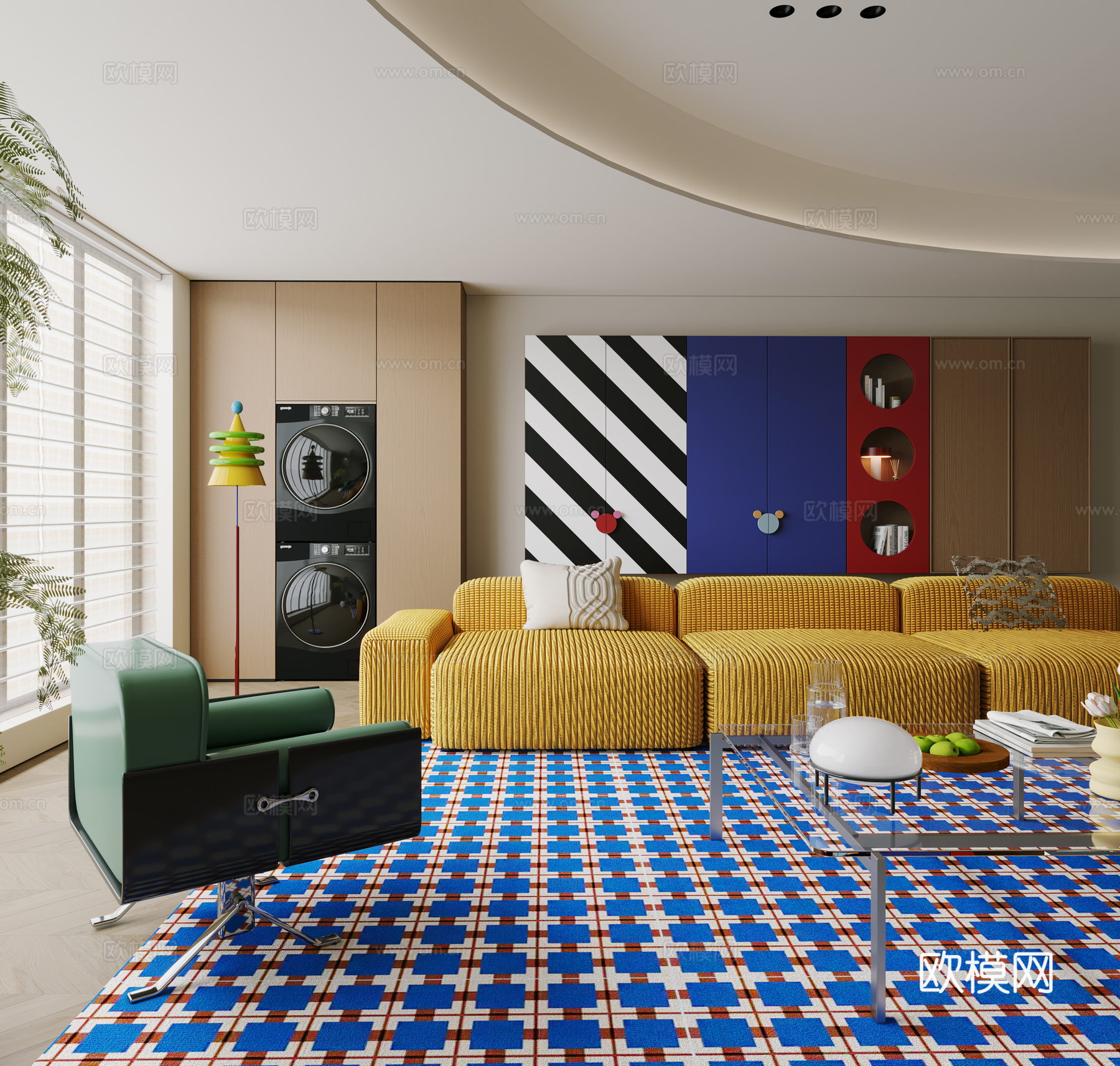 多巴胺客厅 大平层 横厅 后现代客厅3d模型下载（渲染图2）