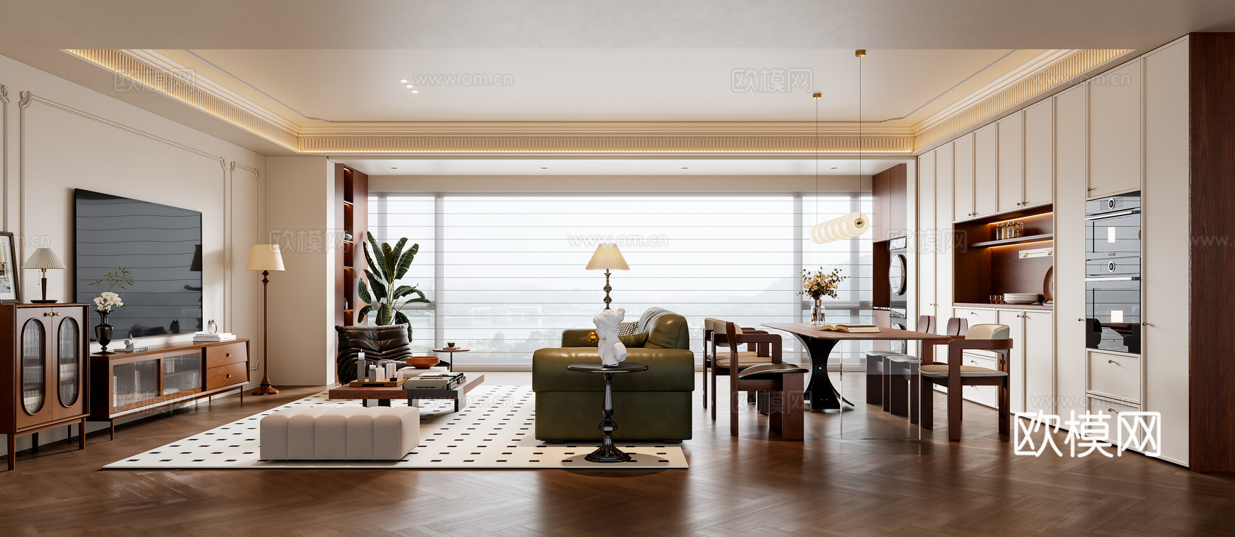 法式中古风客餐厅 沙发茶几 餐桌椅 电视背景墙 餐边柜su模型