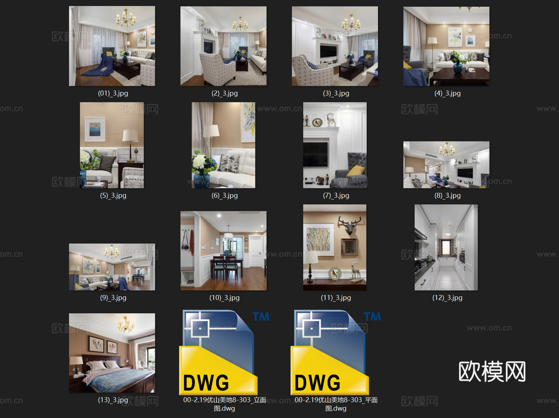 优山美地8-303美式三室两厅两卫室内家装CAD施工图cad施工图