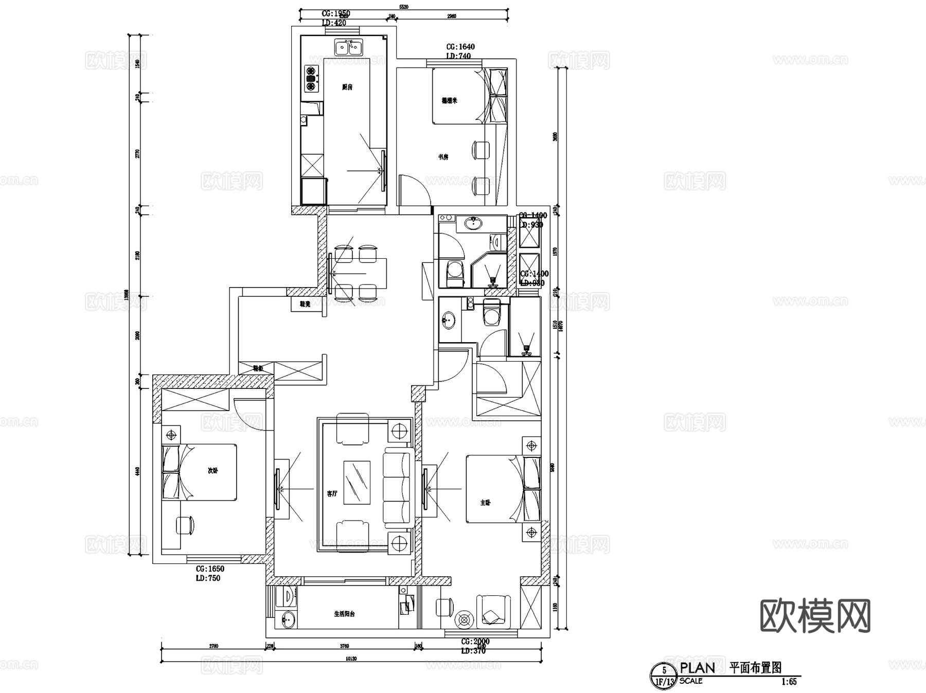 优山美地8-303美式三室两厅两卫室内家装CAD施工图cad施工图