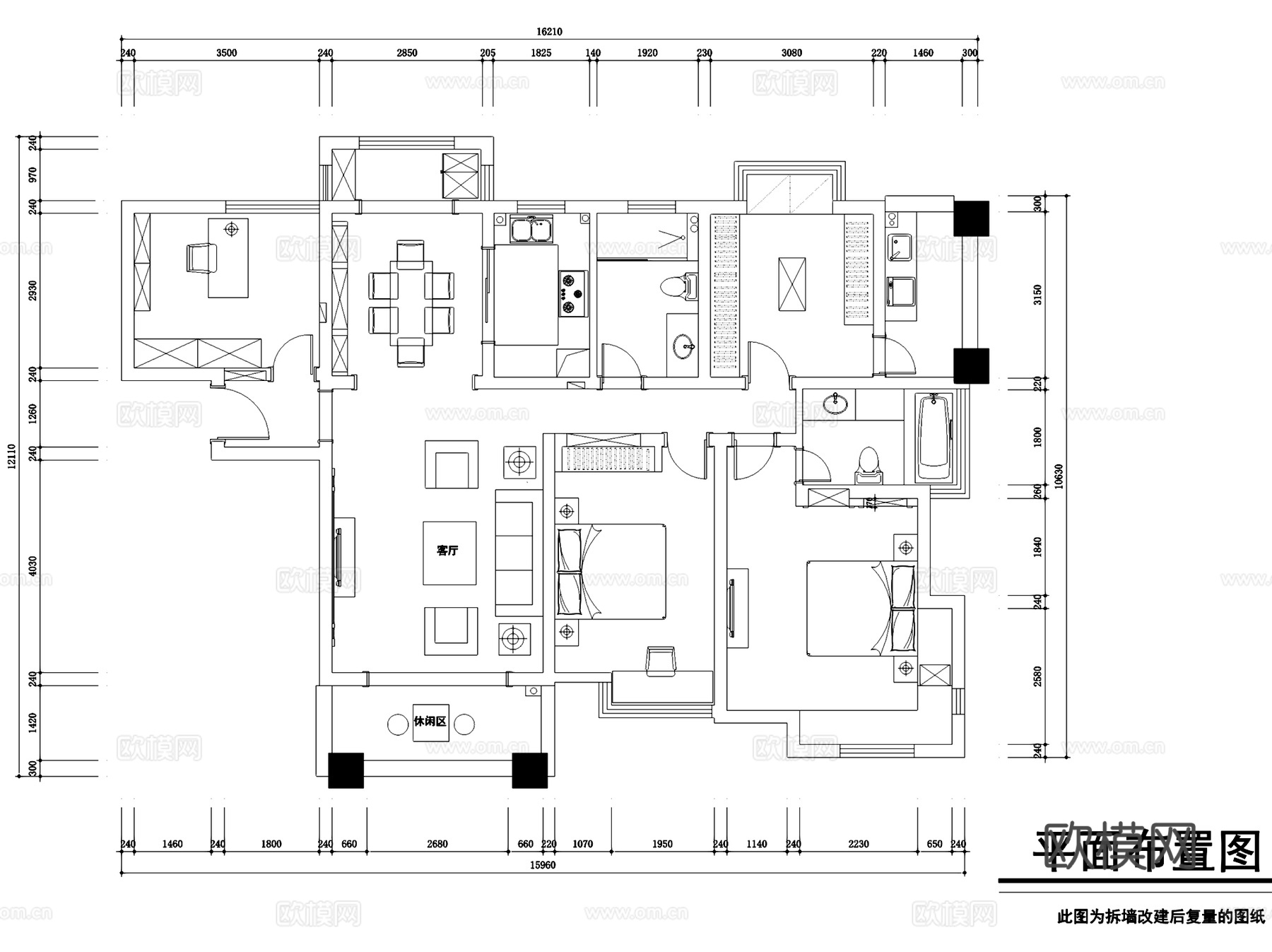 中南世纪城美式三室两厅两卫室内家装CAD施工图cad施工图