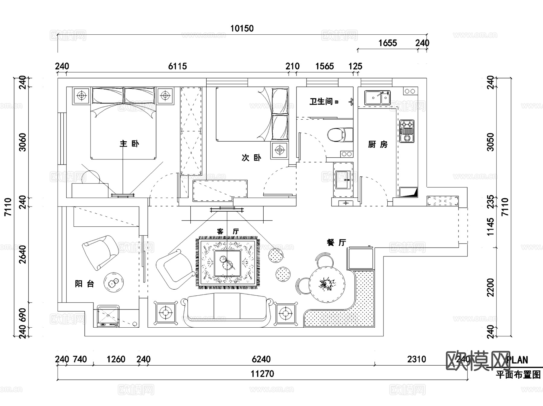 幸福时光田园风两室一厅一卫室内家装CAD施工图cad施工图