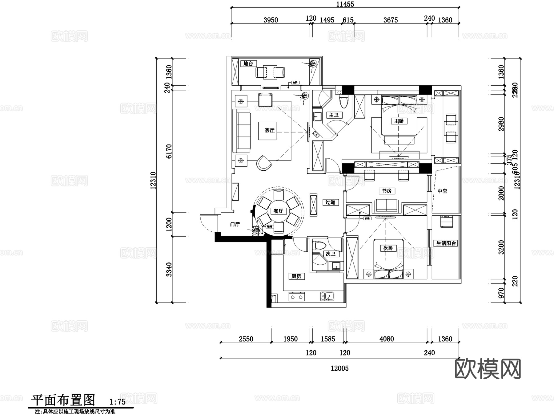 中式三室两厅两卫室内家装CAD施工图cad施工图
