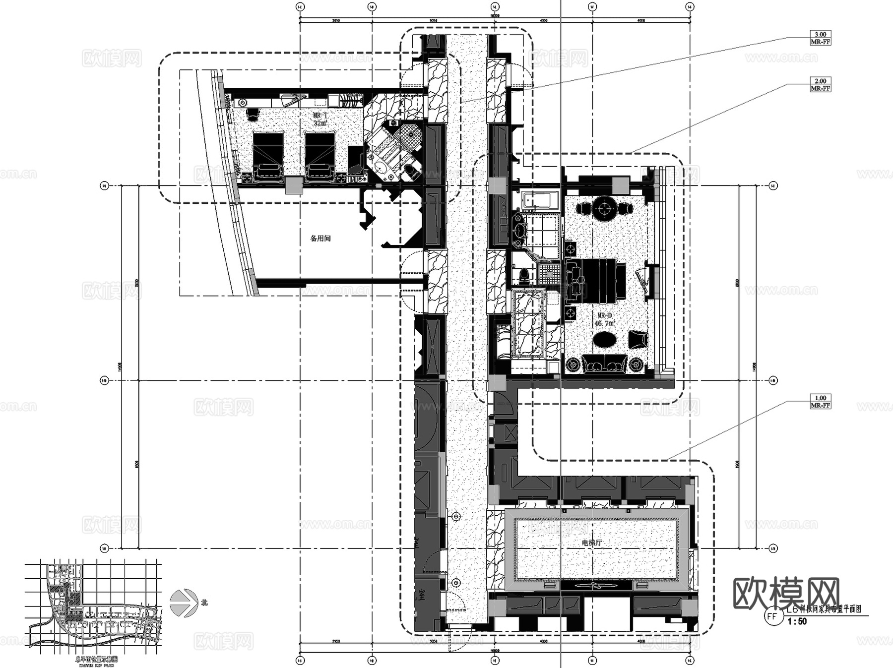 北京丽雅酒店客房样板间室内工装CAD施工图整套cad施工图