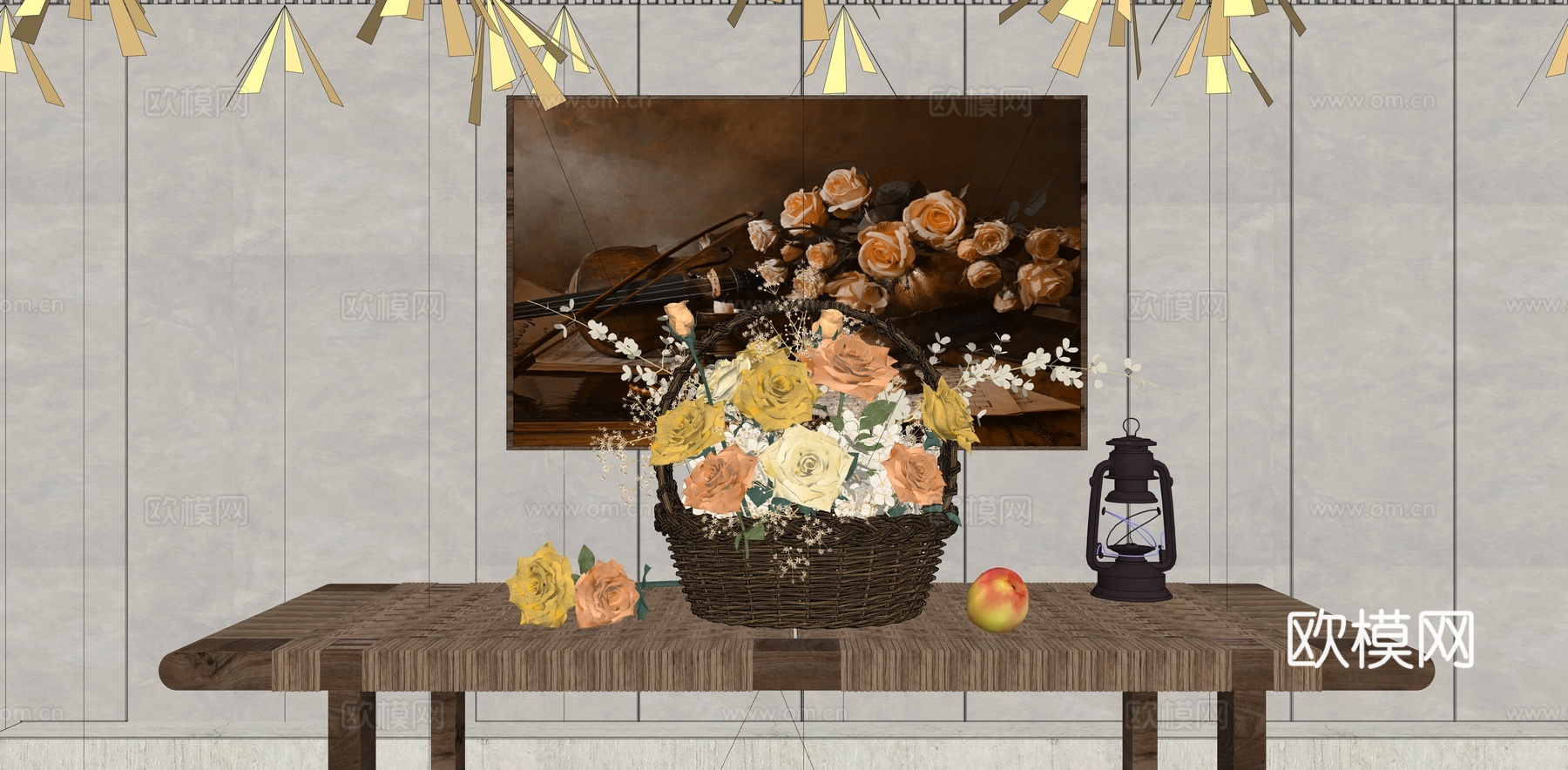 现代 花篮 花篮干花摆件 插花花艺组合 装饰品摆件 竹编花篮su模型