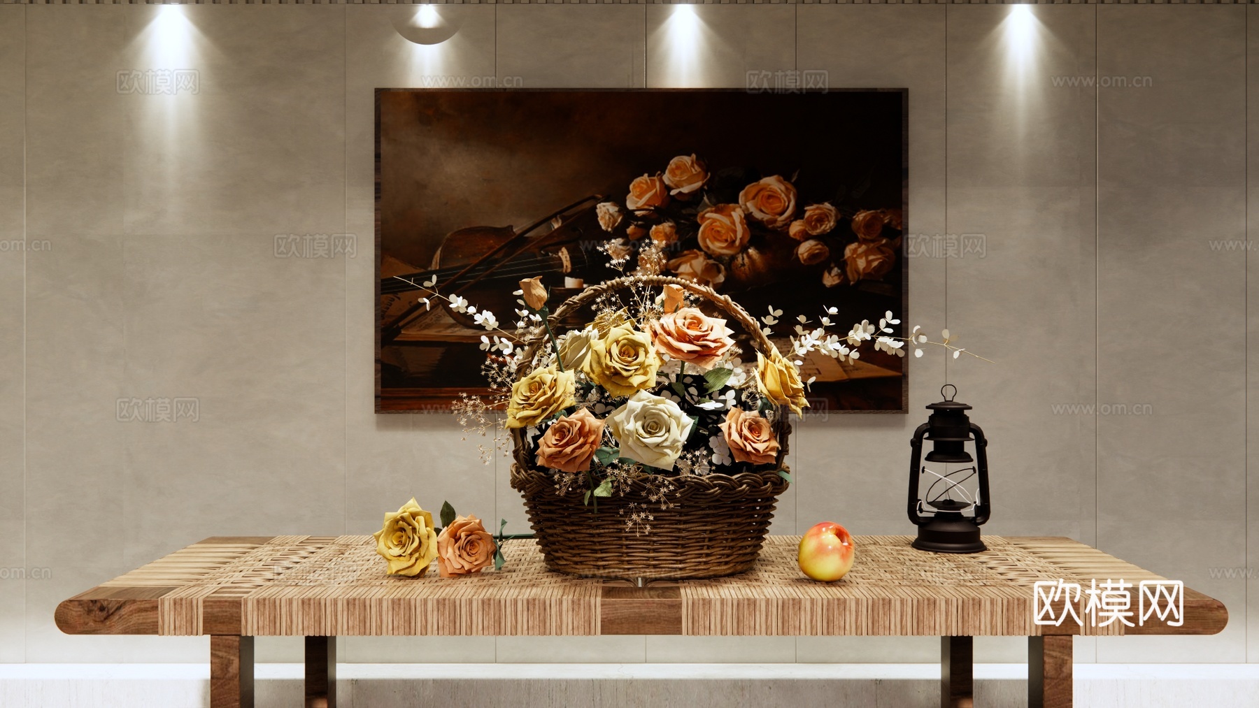 现代 花篮 花篮干花摆件 插花花艺组合 装饰品摆件 竹编花篮su模型