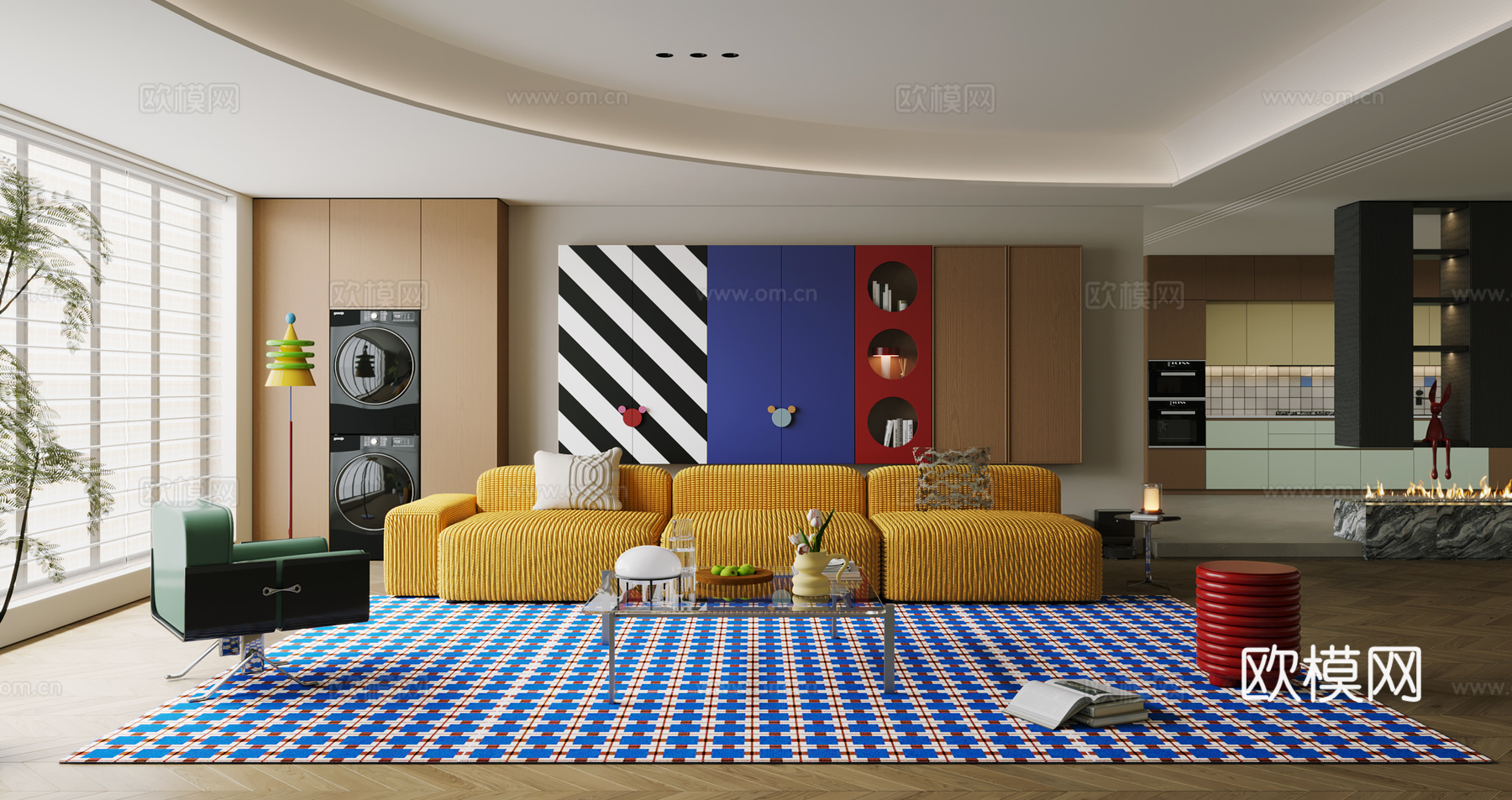 多巴胺客厅 大平层 横厅 后现代客厅3d模型下载（渲染图1）