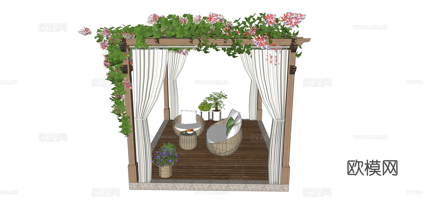 现代花园廊架 景观廊架 吊篮植物 藤蔓植物 欧式花架 吊篮摇su模型