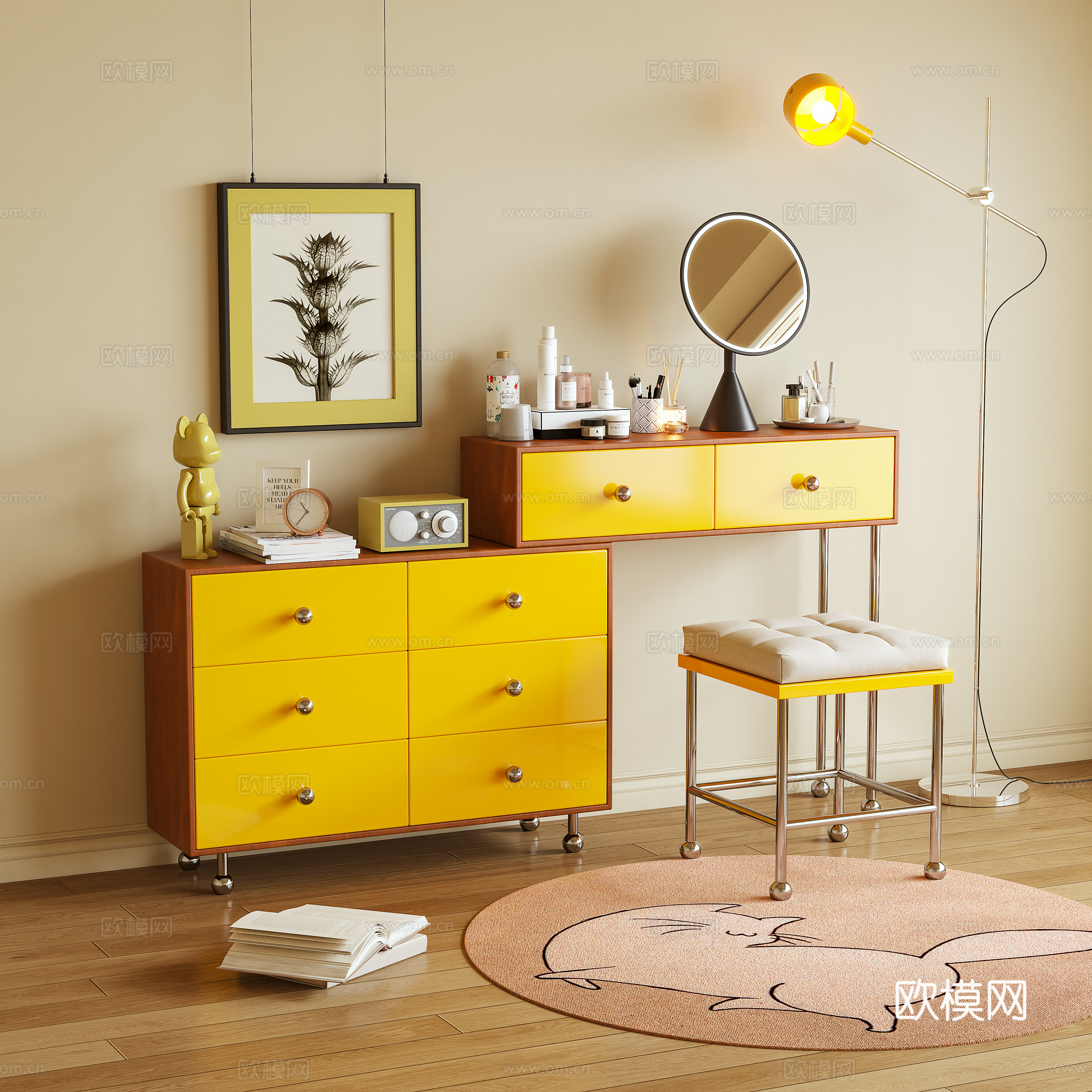 梳妆台 化妆桌 化妆品 边柜 摆件3d模型下载