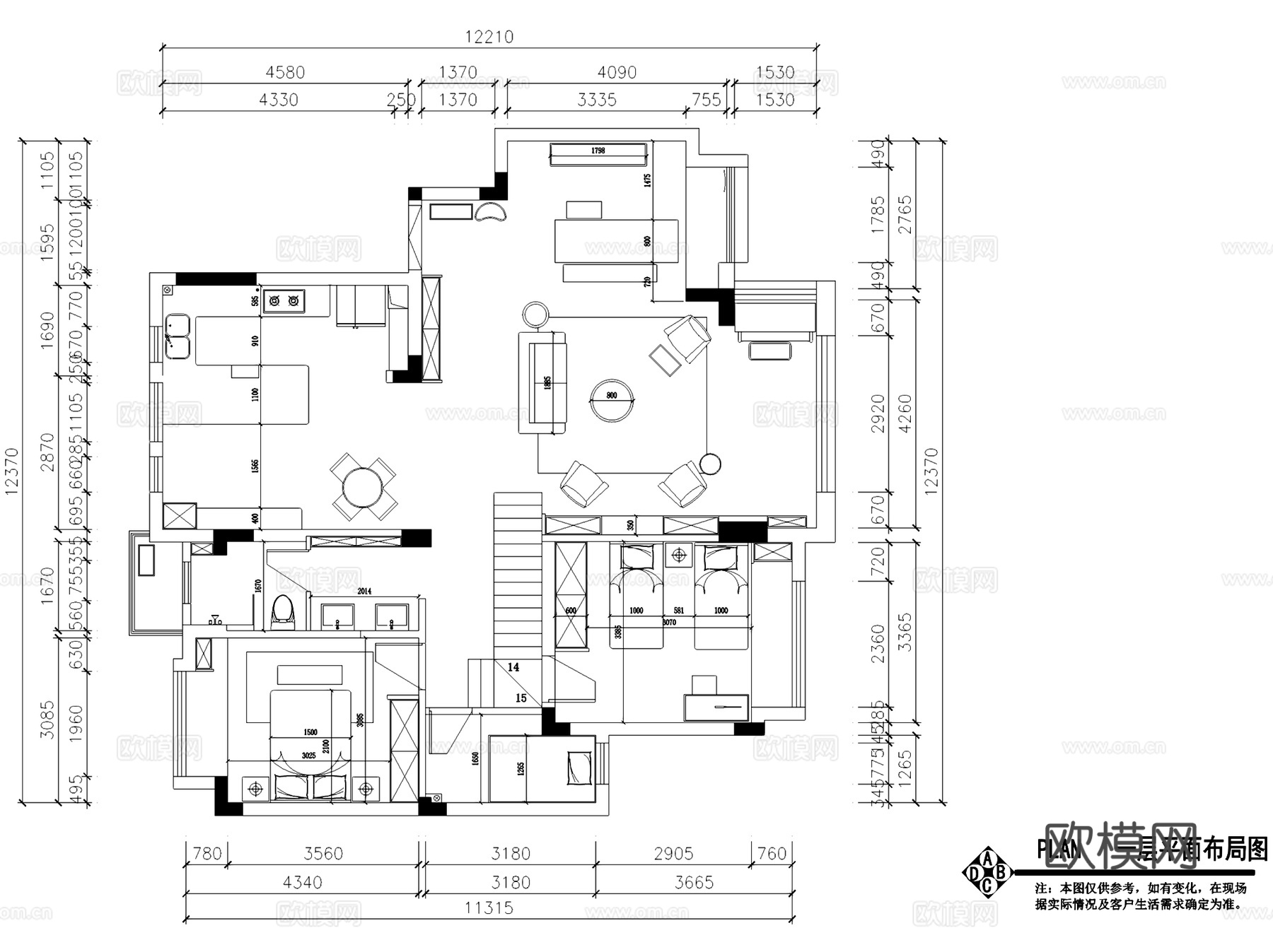 长沙明昇壹城顶层洋房室内家装平面系统图CAD施工图cad施工图