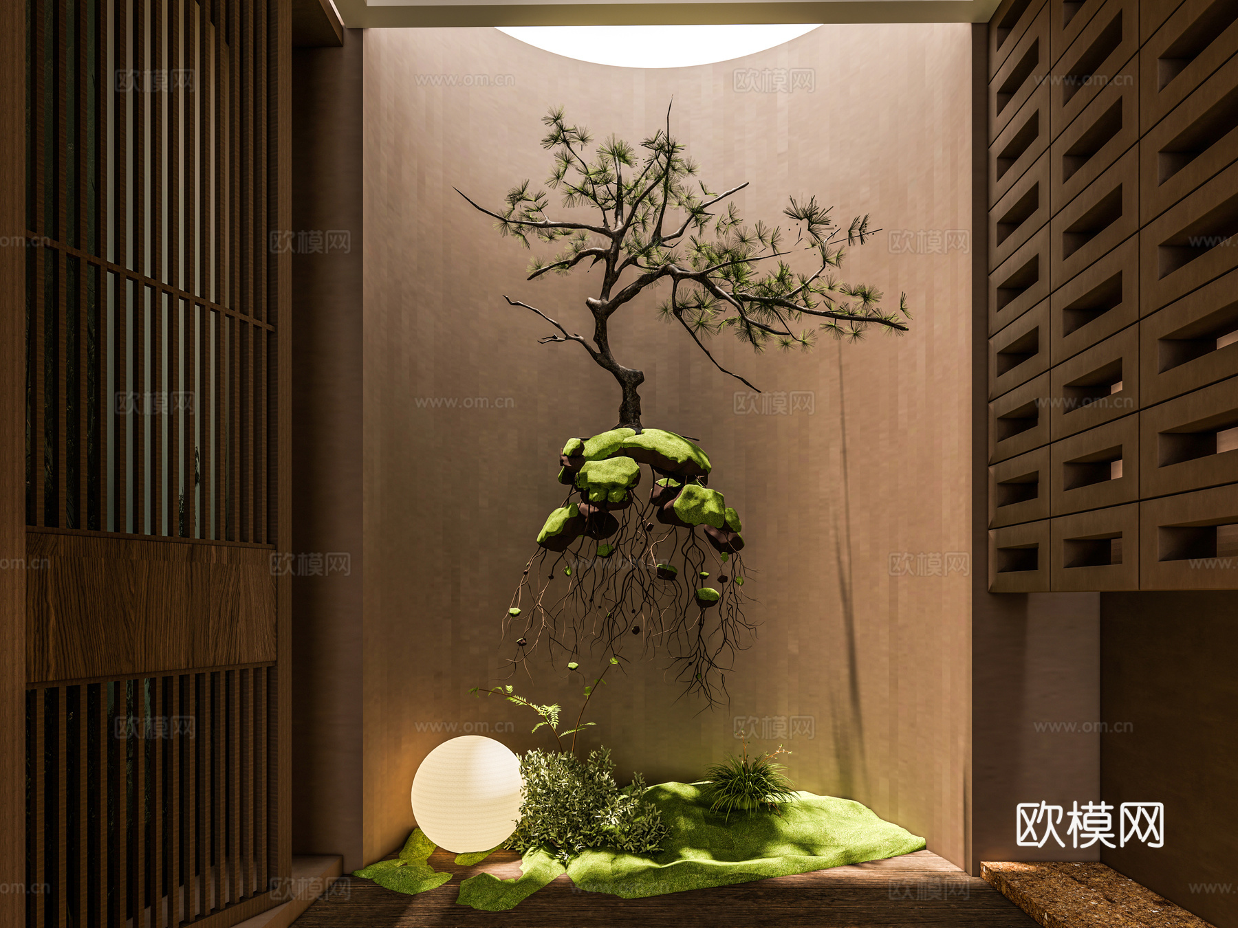 绿植端景 绿植盆栽景观 禅意松树景观 绿植艺术装置 悬空树景su模型