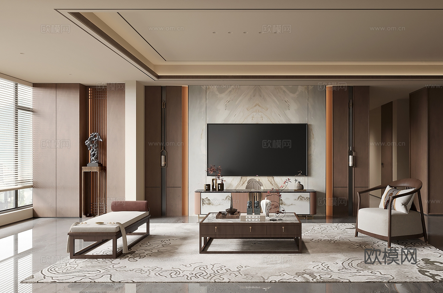 新中式客厅电视墙 新中式沙发茶几 新中式电视背景墙 新中式电su模型