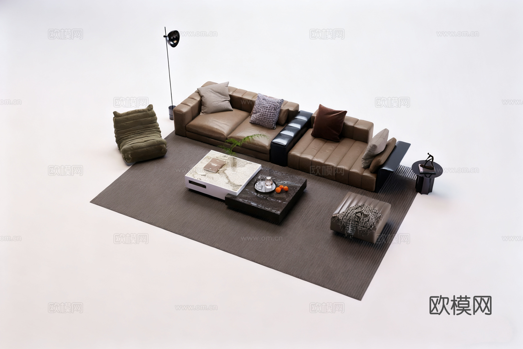 L型皮质沙发 可拆分沙发茶几组合3d模型下载（渲染图2）