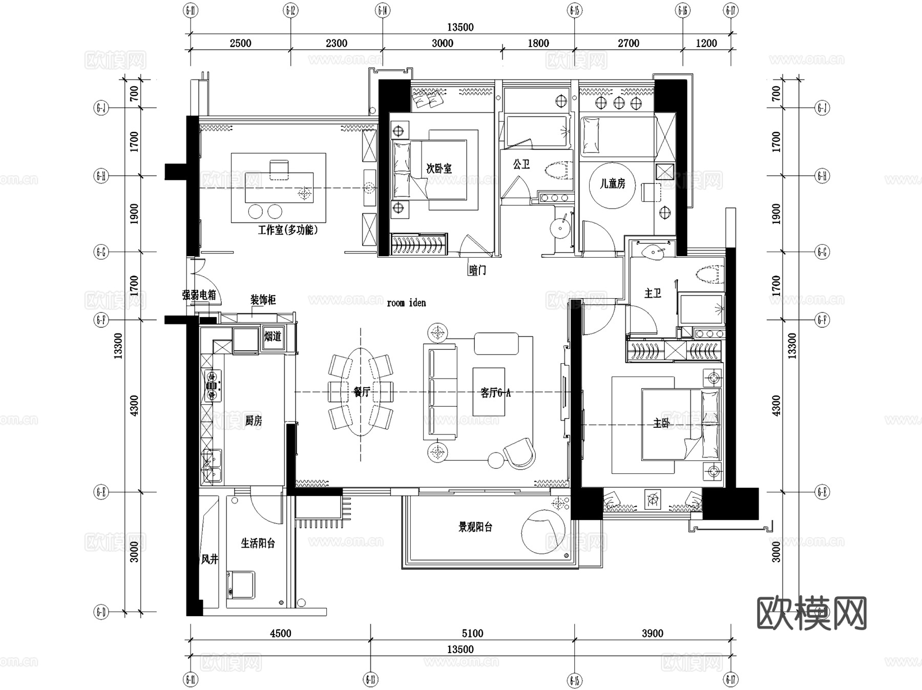 壹方中心6A户型样板房室内家装CAD施工图整套cad施工图