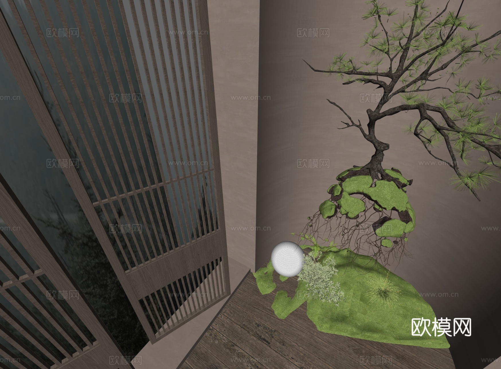 绿植端景 绿植盆栽景观 禅意松树景观 绿植艺术装置 悬空树景su模型