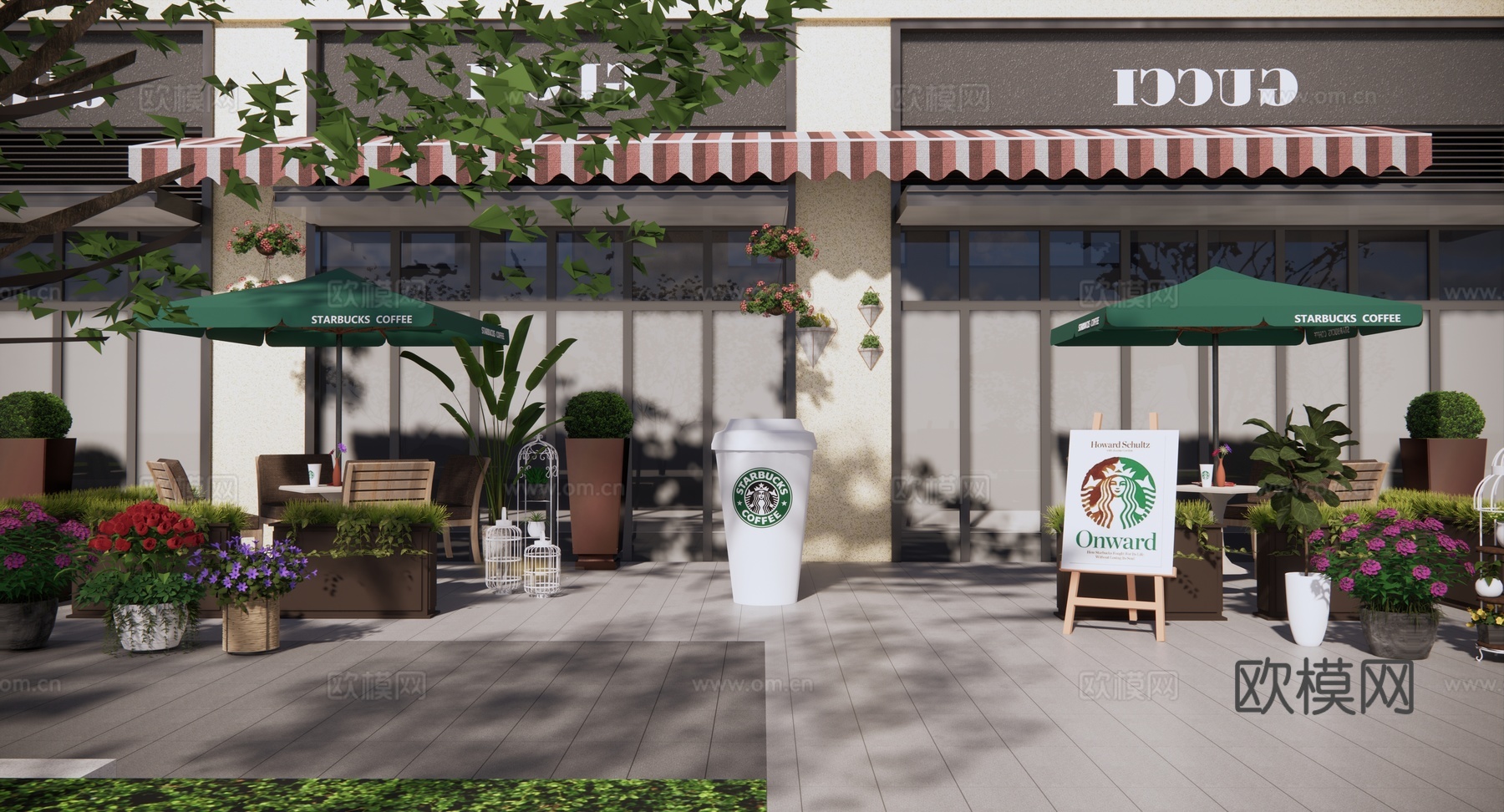 现代 门头 商业外摆 商业店铺 座椅外摆 咖啡店 花箱 商业su模型