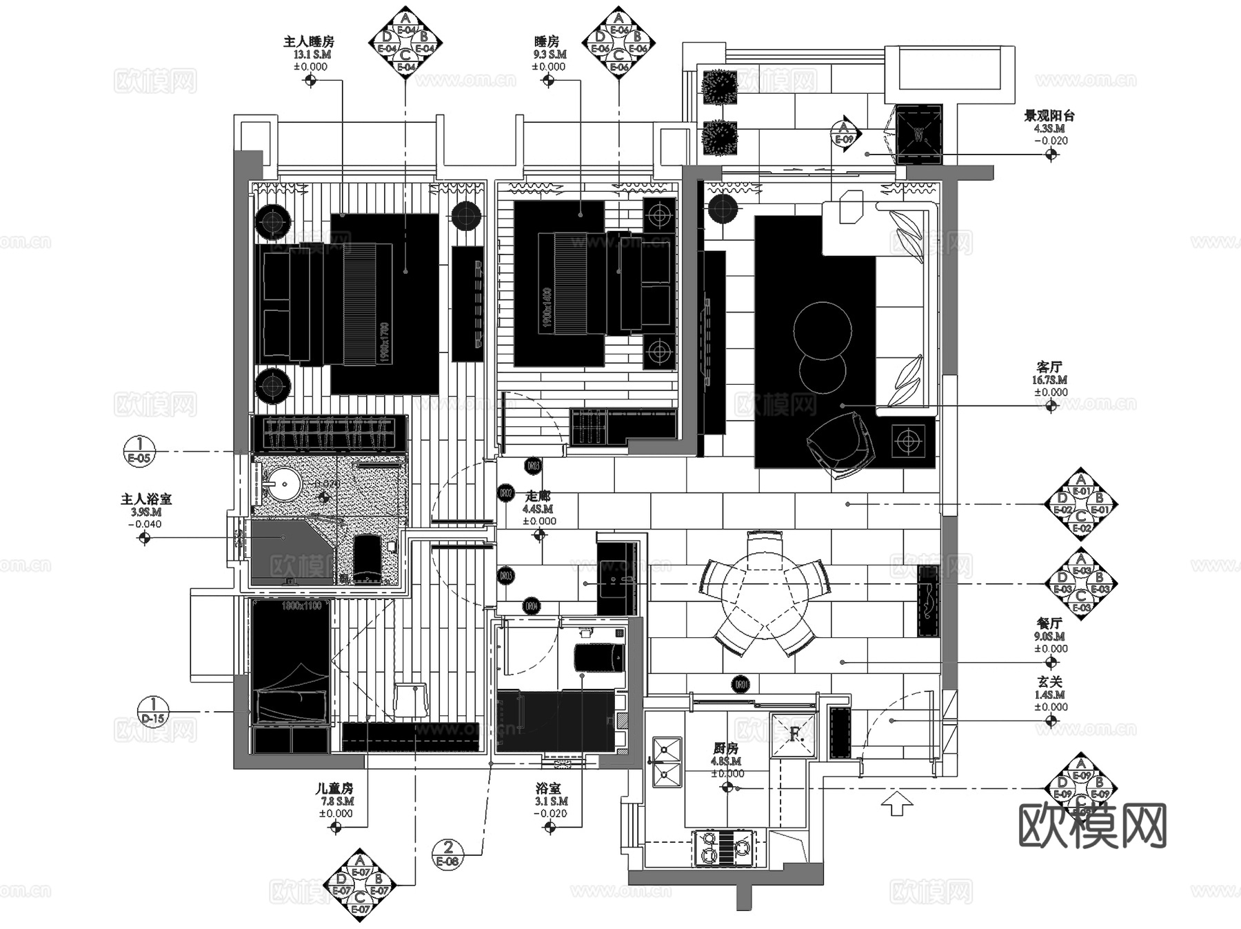 中山雅居乐富华西04区C-1户型三室两厅室内家装CAD施工图cad施工图