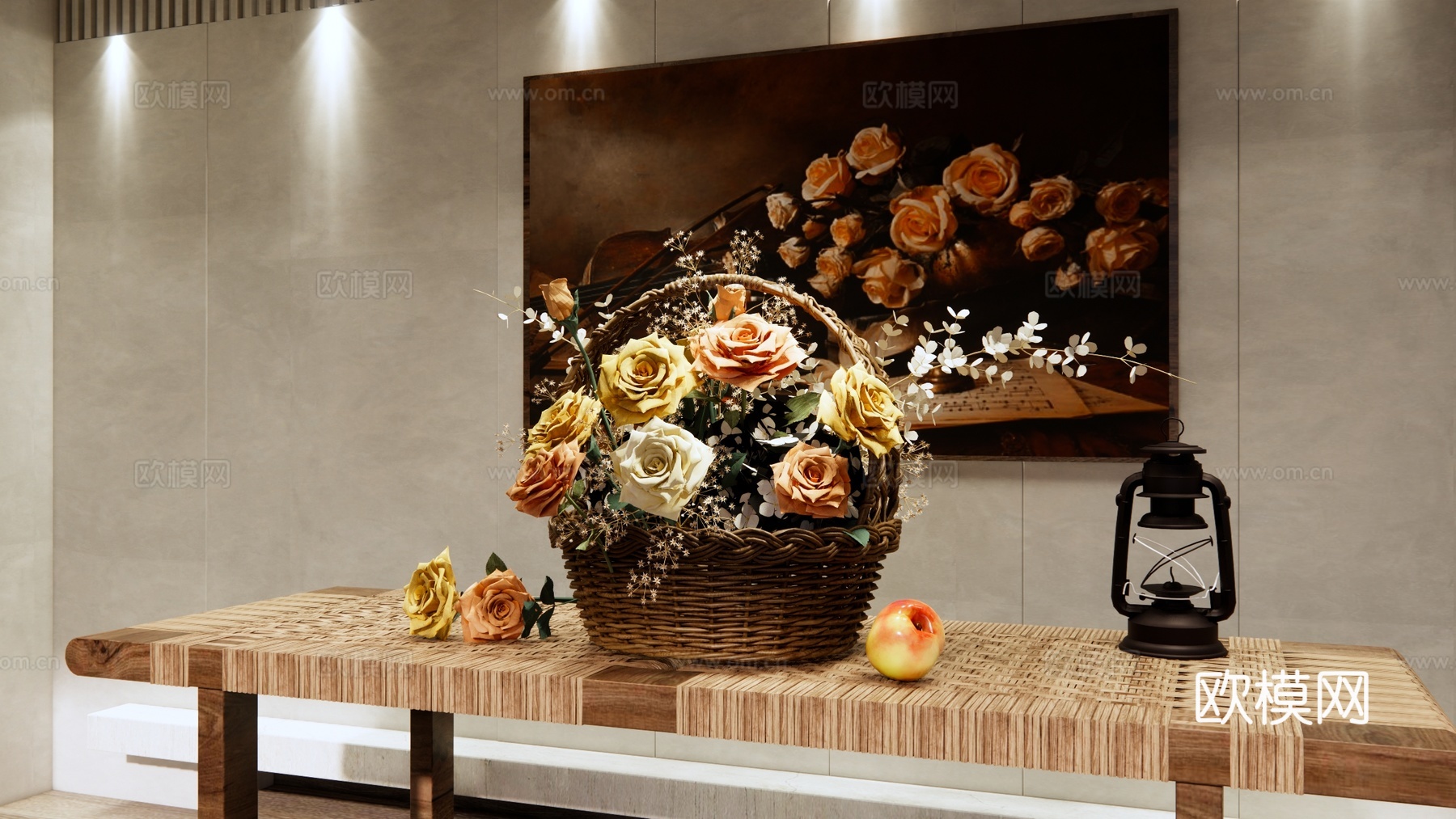 现代 花篮 花篮干花摆件 插花花艺组合 装饰品摆件 竹编花篮su模型