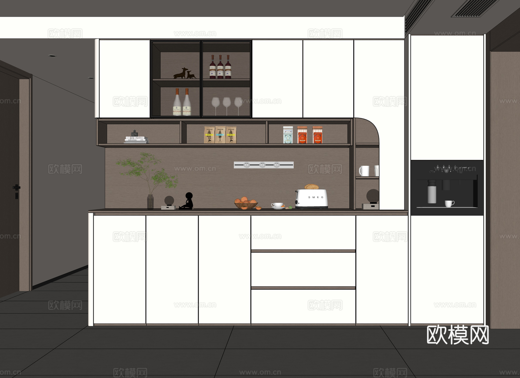 现代餐厅餐边柜 直饮机柜 酒柜餐边柜su模型