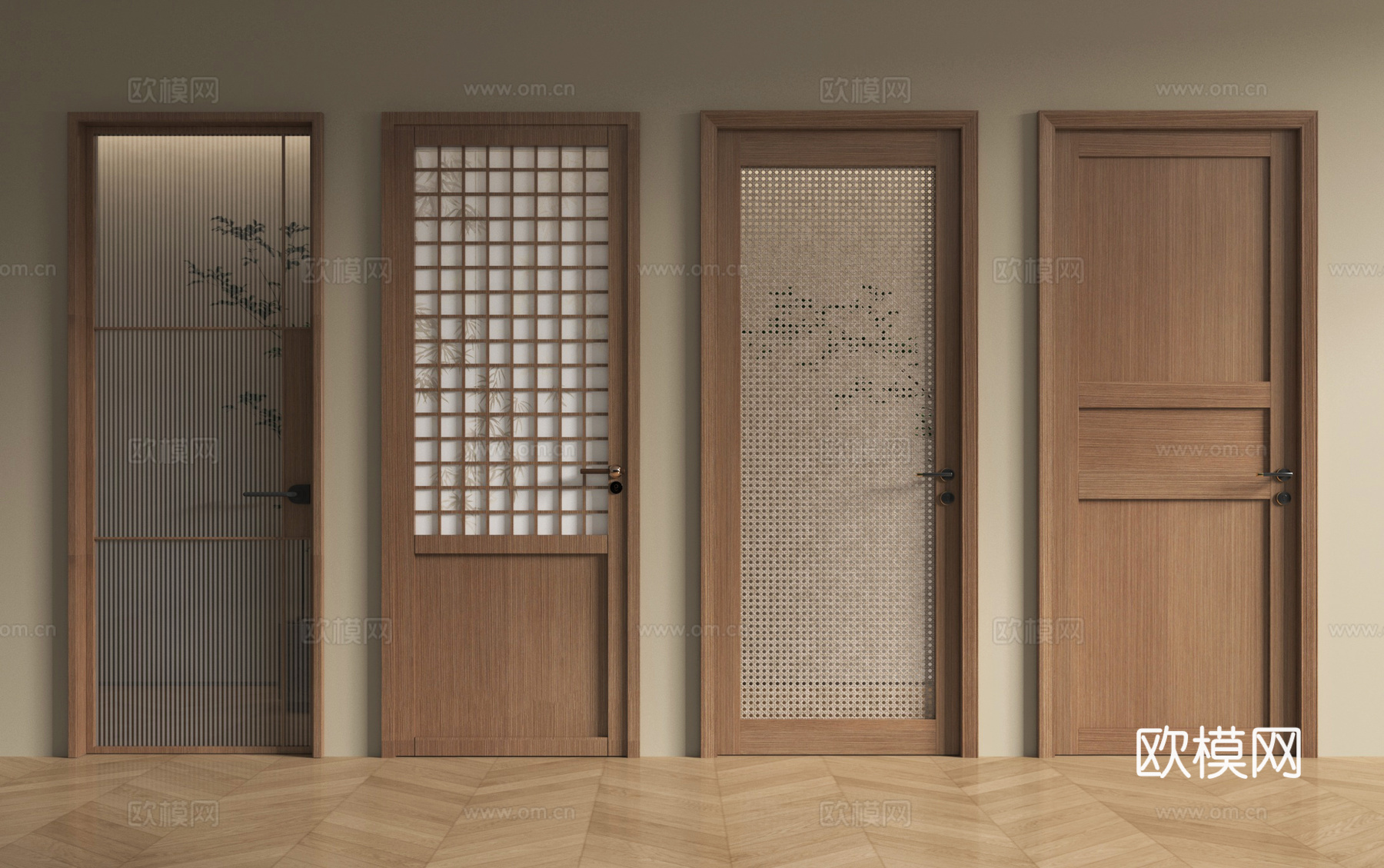 新中式单开门 宋氏风单开门 藤编门 玻璃门su模型