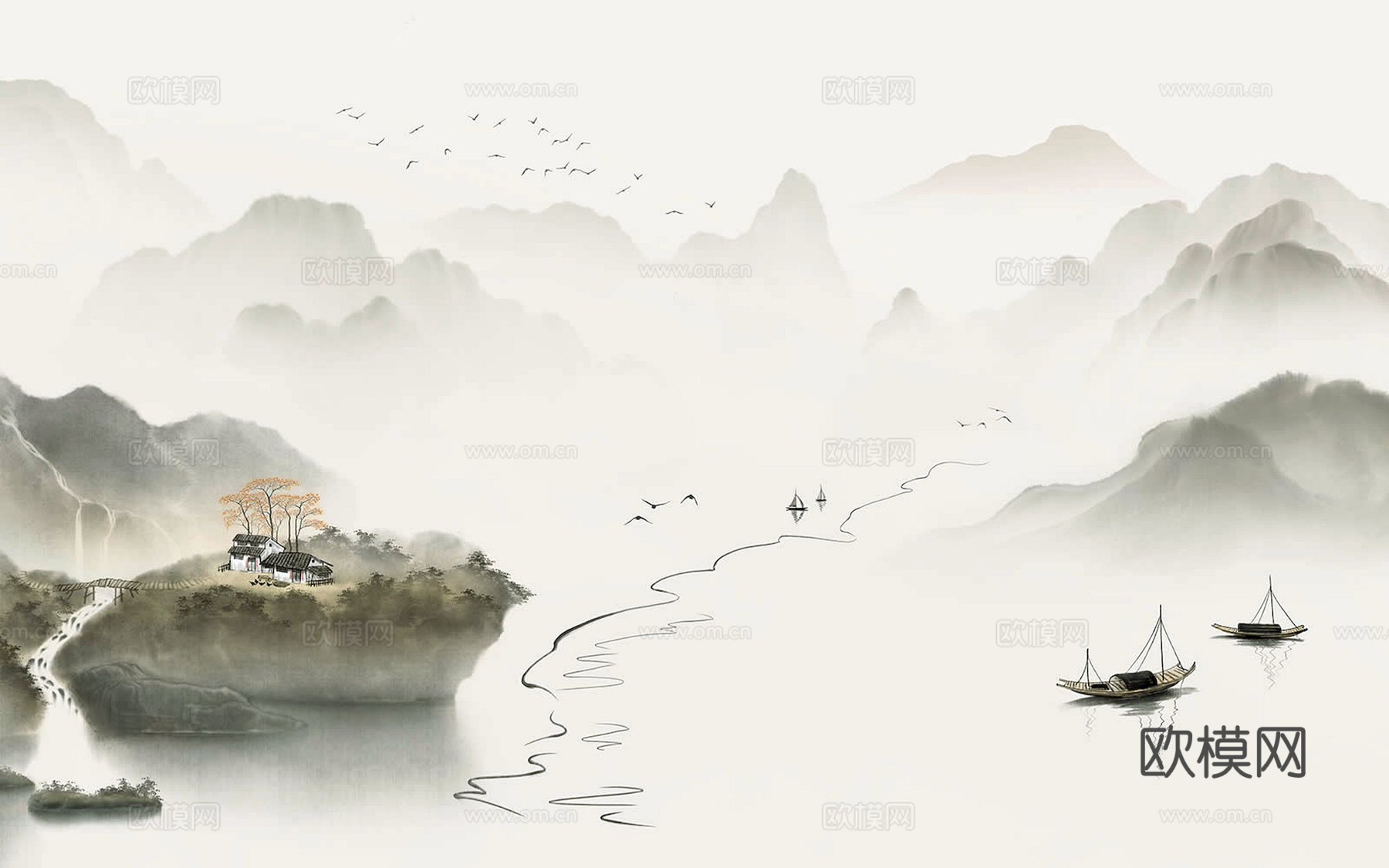 新中式立体壁画 背景墙壁画 山水壁画 墙画 壁纸 墙纸 墙布