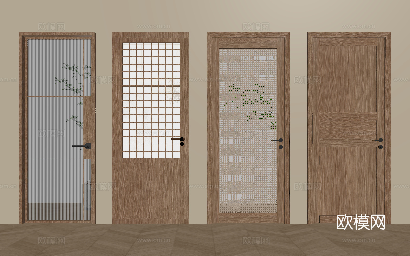 新中式单开门 宋氏风单开门 藤编门 玻璃门su模型