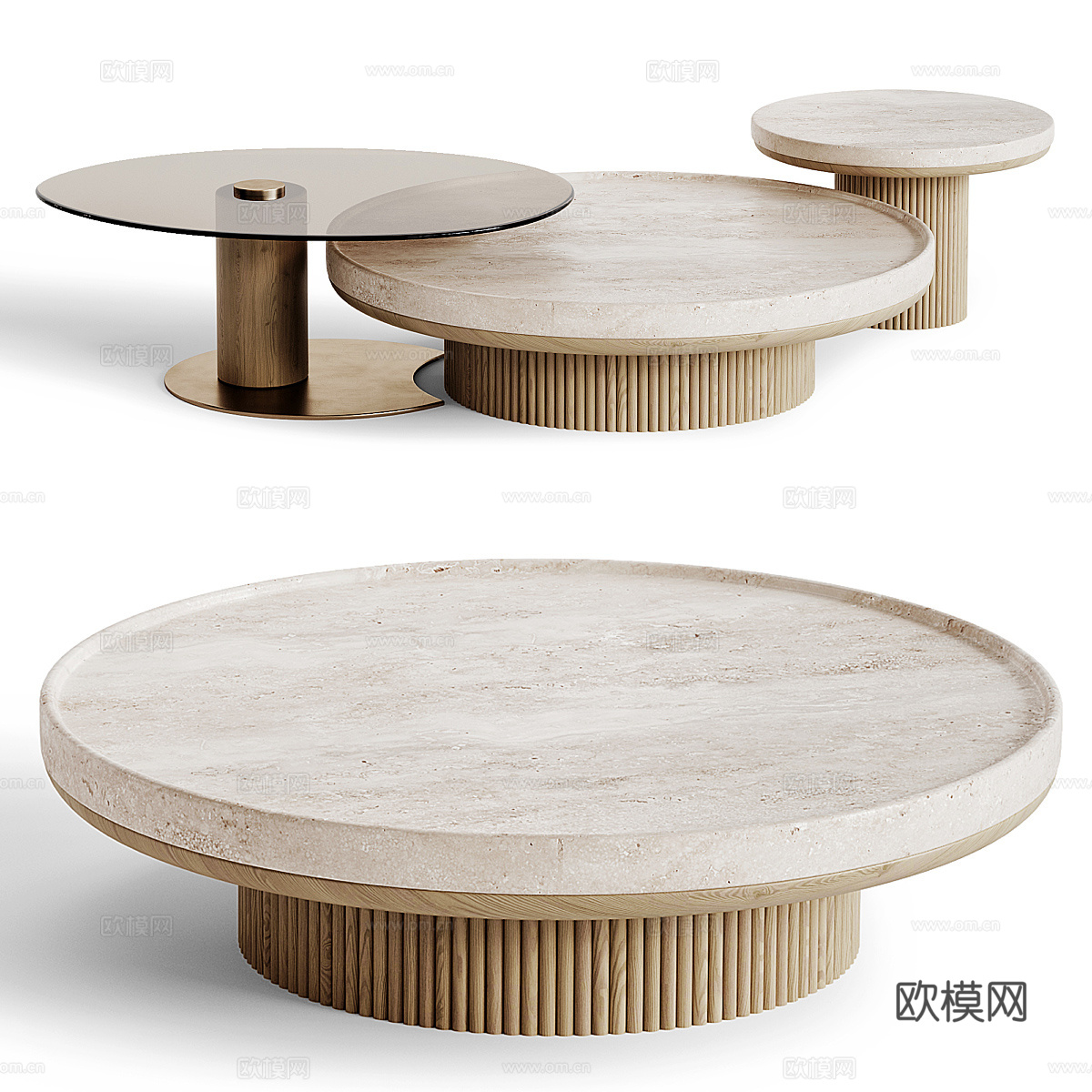 现代意式大理石圆茶几组合3d模型