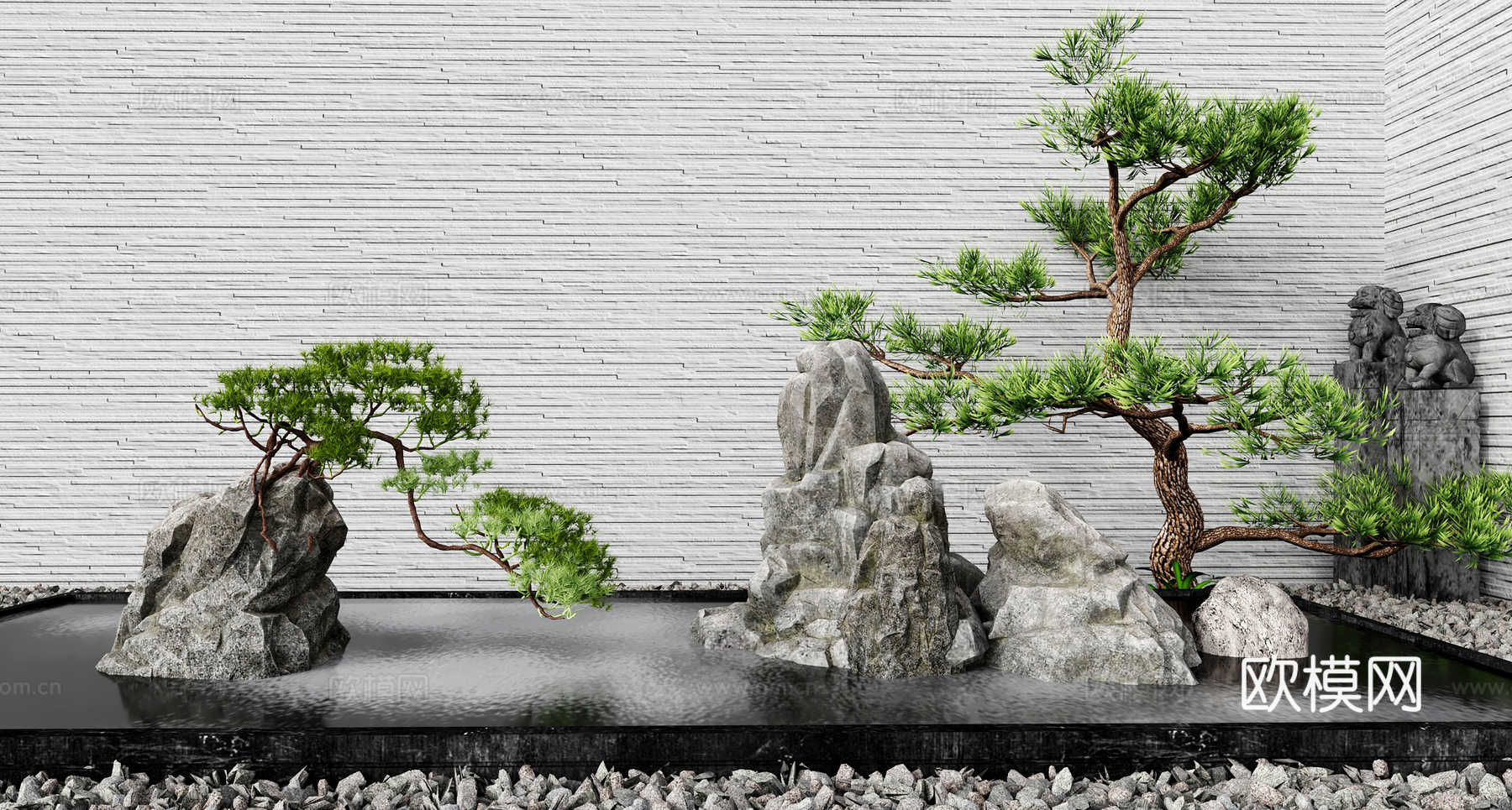 新中式景观 假山 水景 枯山水 庭院景观 小品 松树 石头3d模型下载（渲染图1）