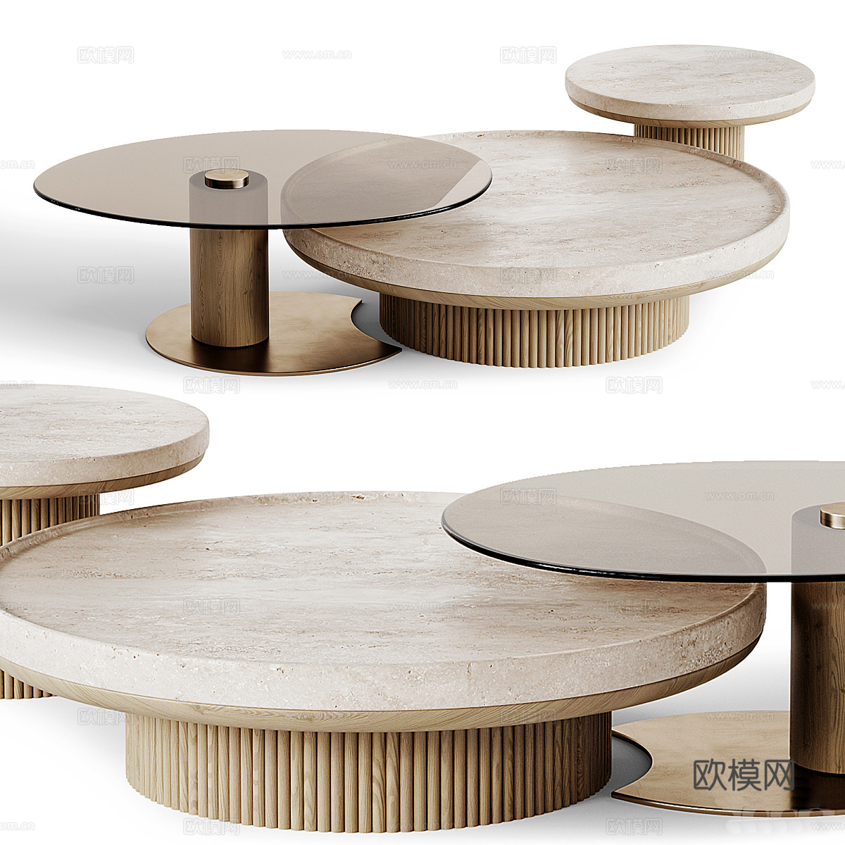 现代意式大理石圆茶几组合3d模型