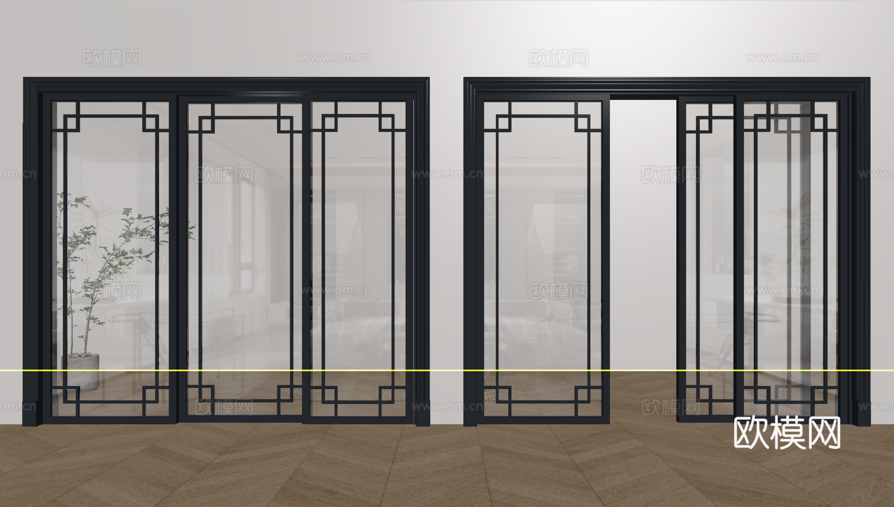 新中式推拉门 阳台门 玻璃推拉门 厨房门su模型