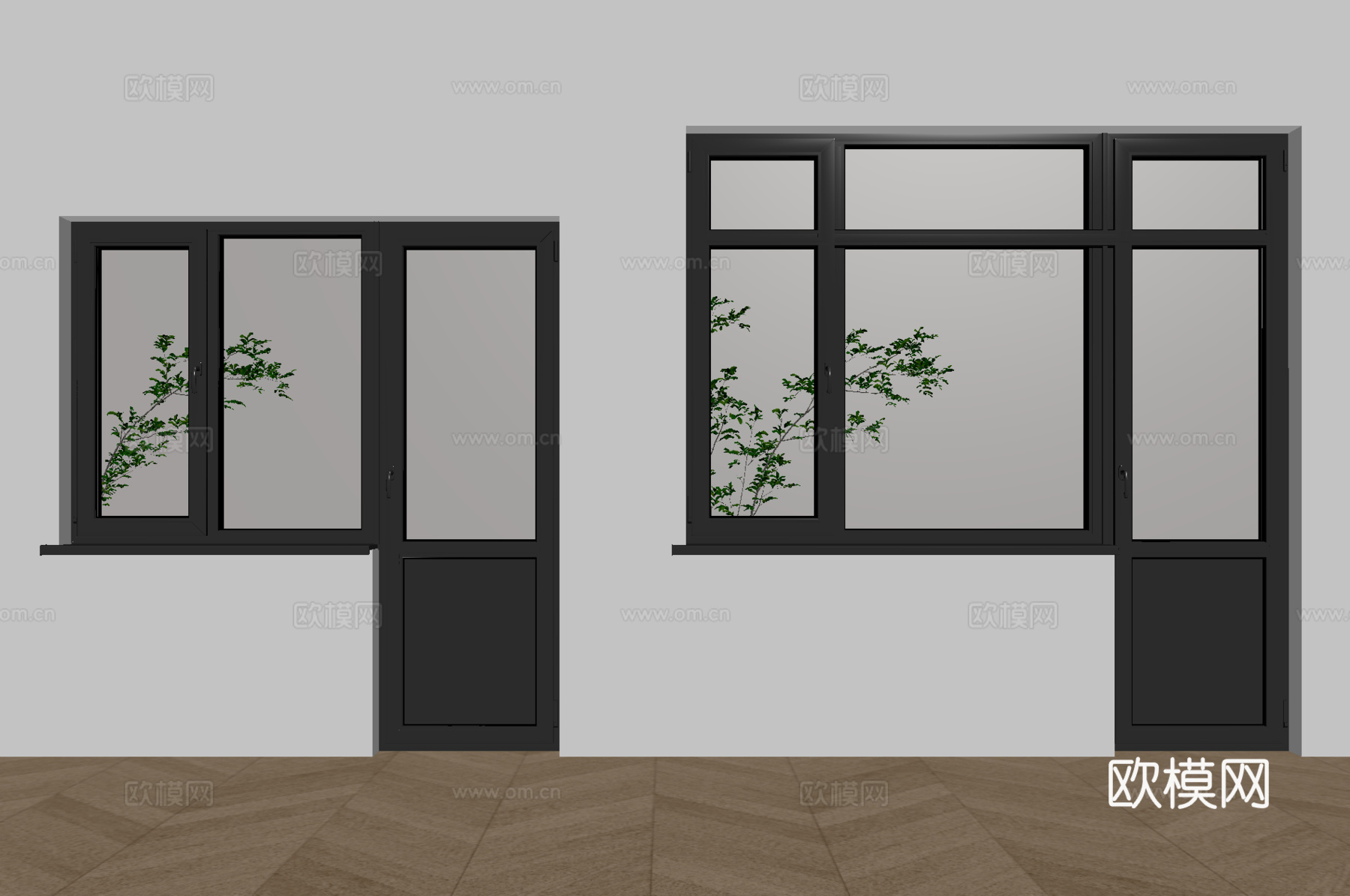 现代门联窗  窗户 连 玻璃门su模型