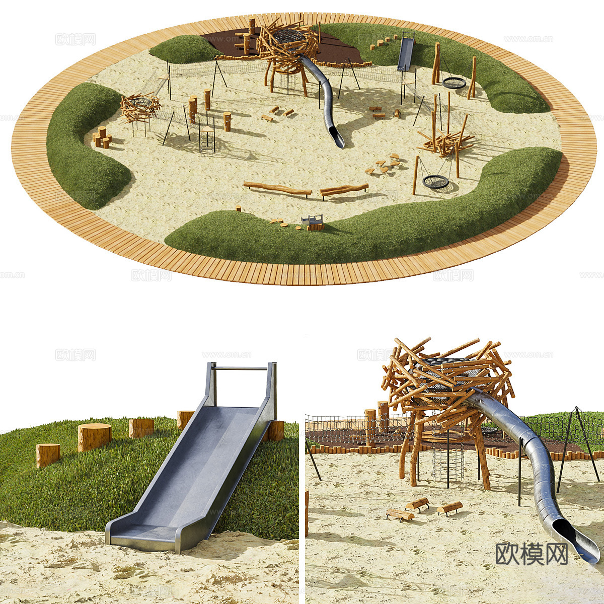 现代原木游乐场 沙滩3d模型下载（渲染图1）