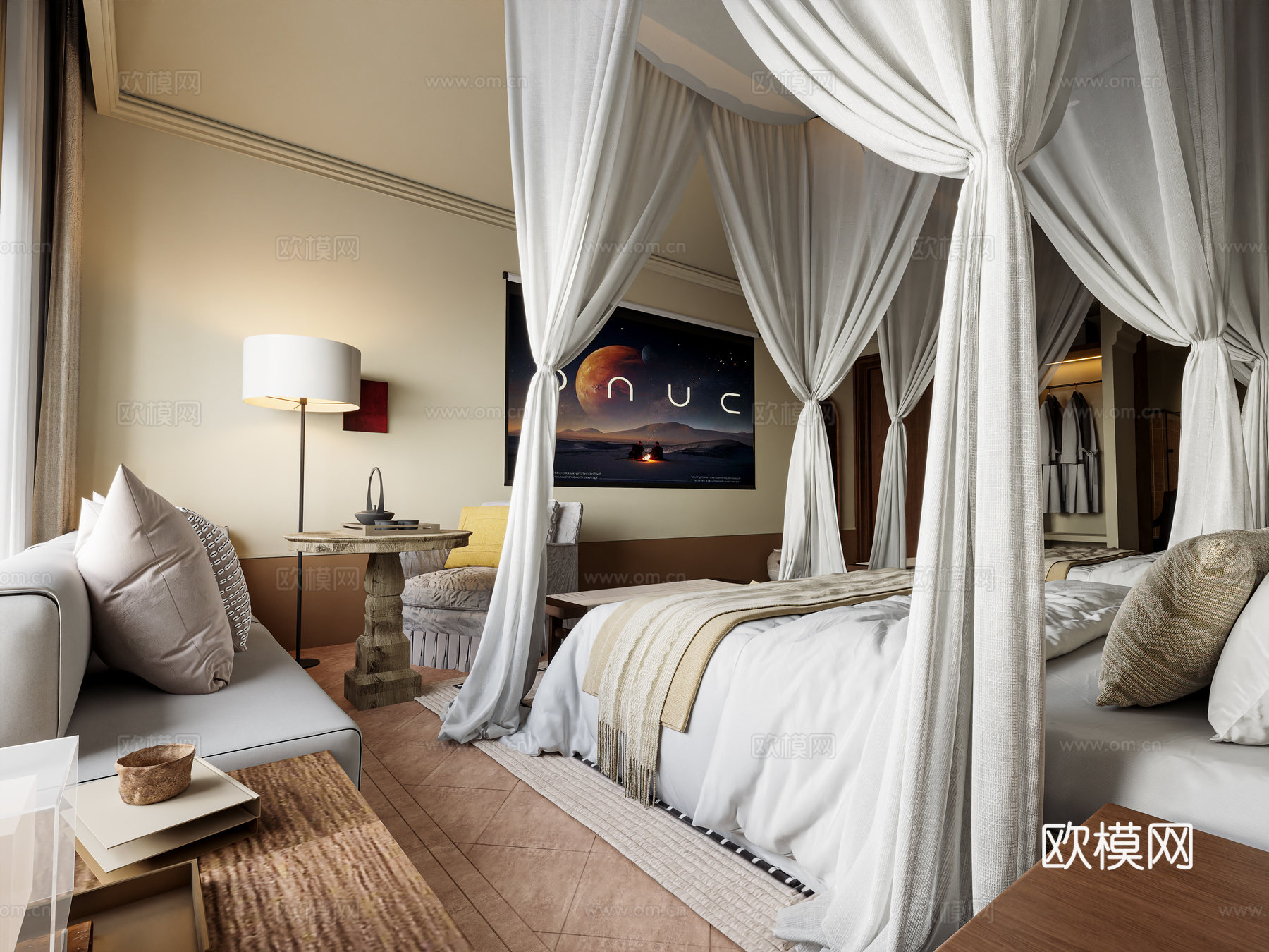 酒店民宿客房卧室3d模型下载（渲染图2）