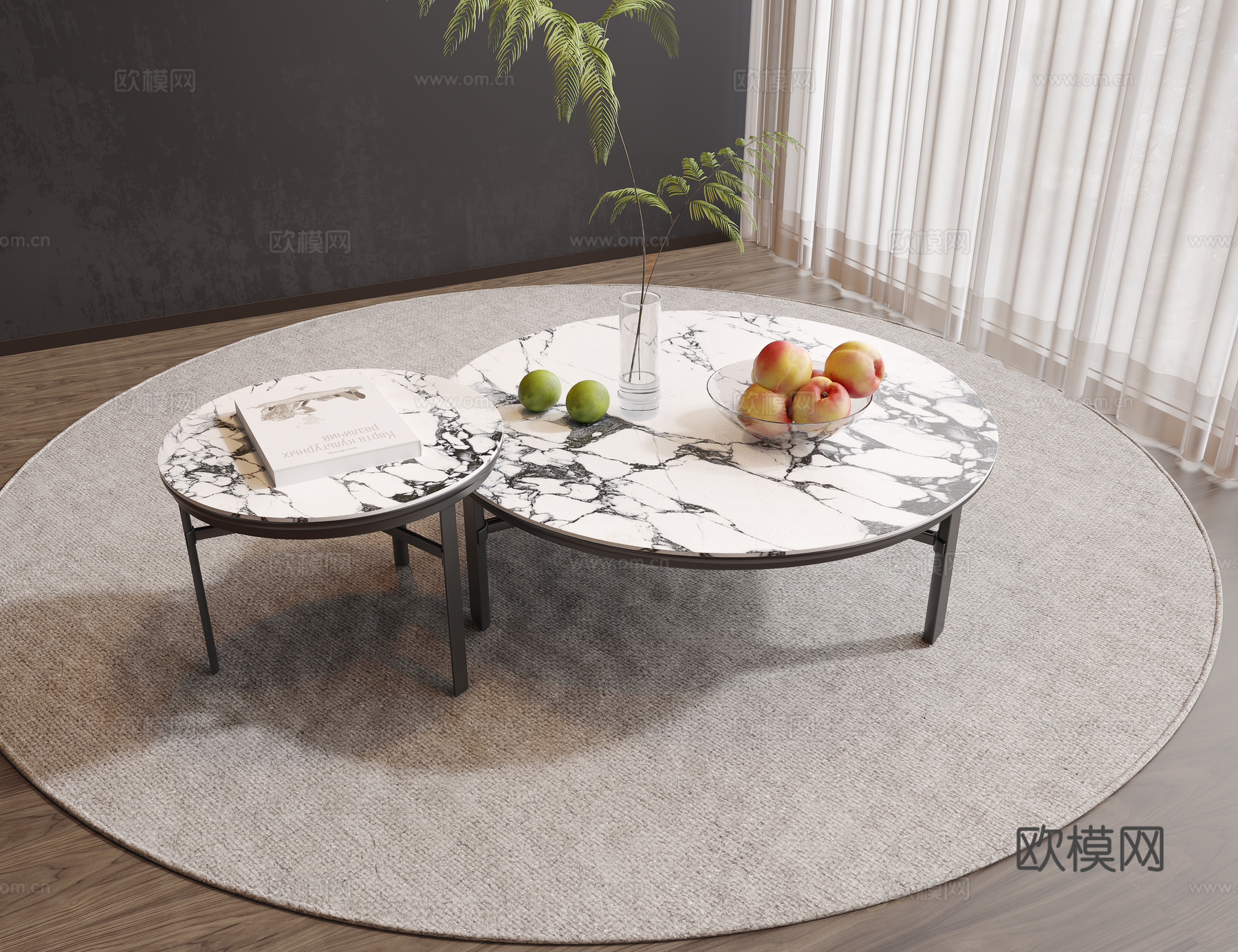 现代茶几 大理石茶几 子母茶几 茶几摆件 水果su模型