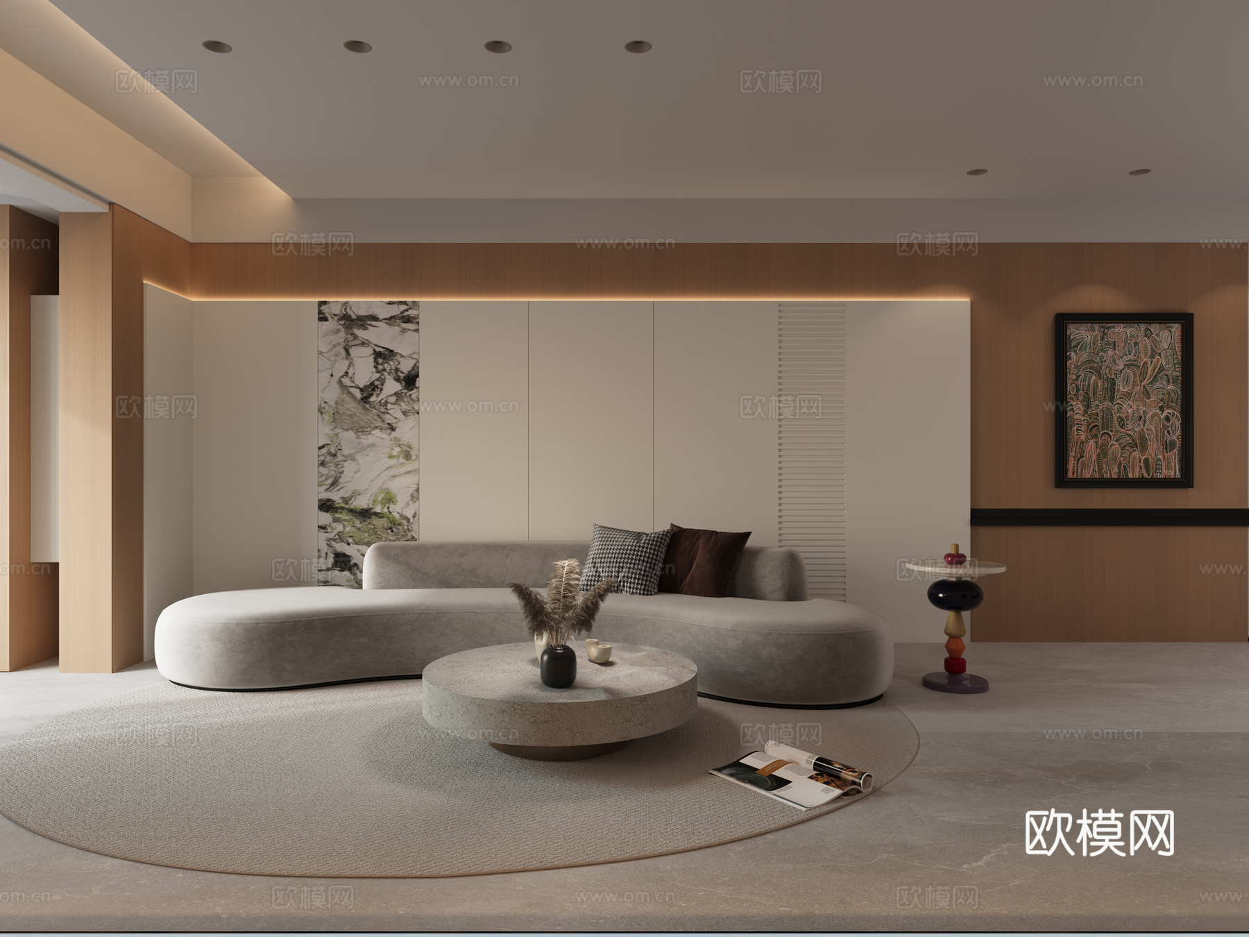 原木风客厅 大平层客厅 无主灯客厅 阳台柜 沙发背景墙3d模型下载（渲染图1）