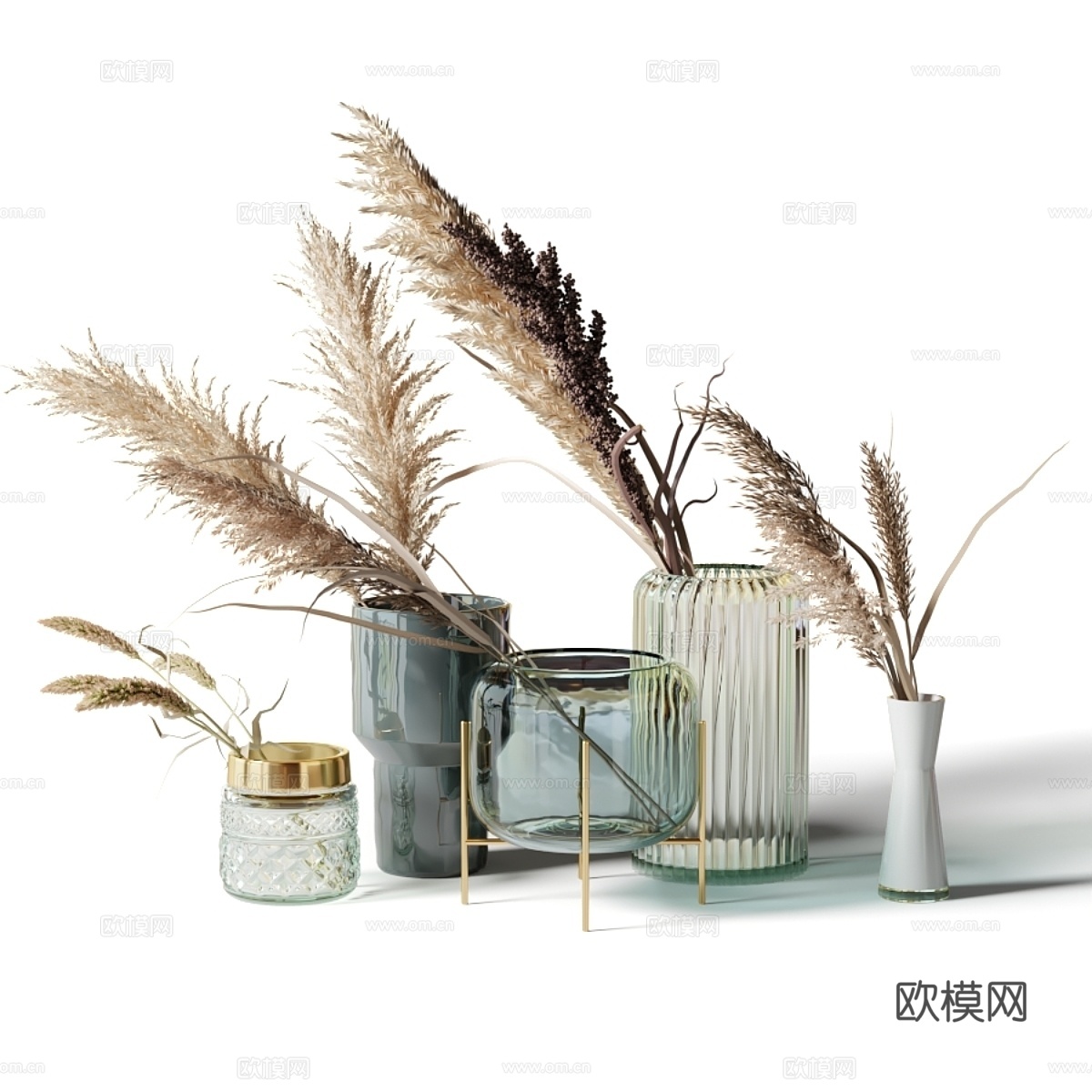 玻璃花瓶干花花束五件套3d模型下载