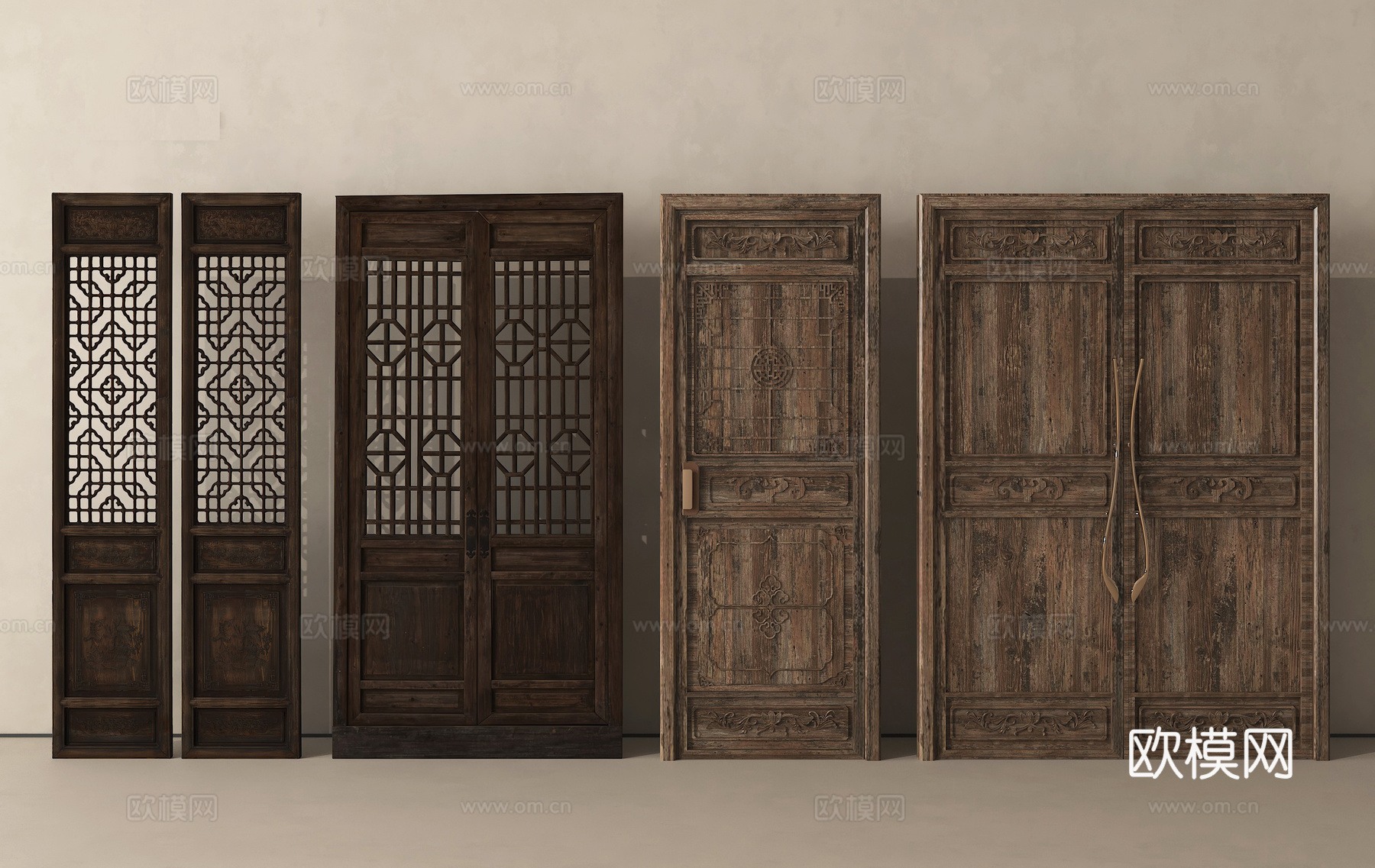 中式复古门 旧木 中式  老木门 镂空花格su模型