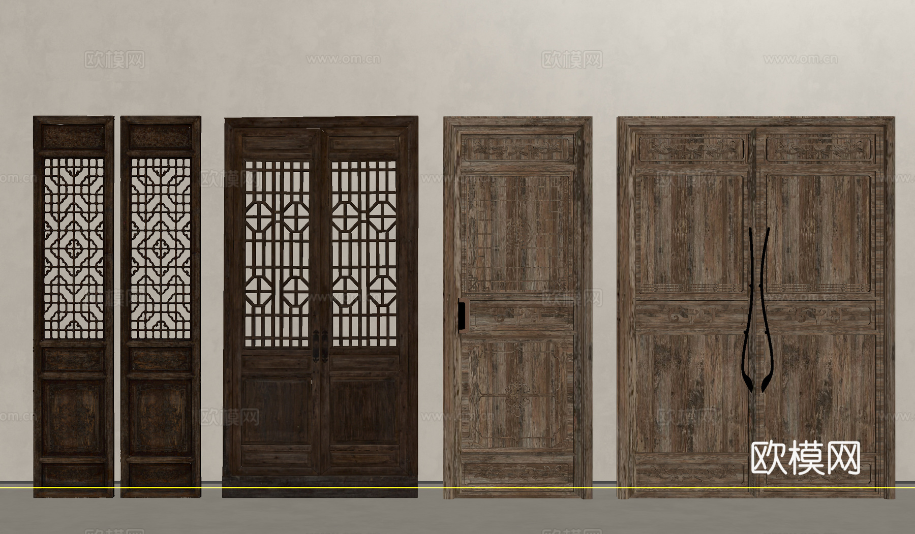 中式复古门 旧木 中式  老木门 镂空花格su模型