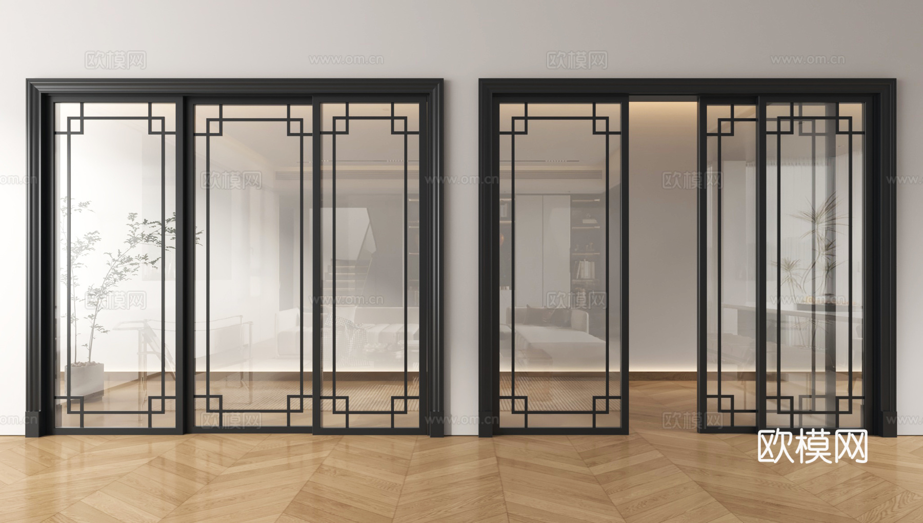 新中式推拉门 阳台门 玻璃推拉门 厨房门su模型