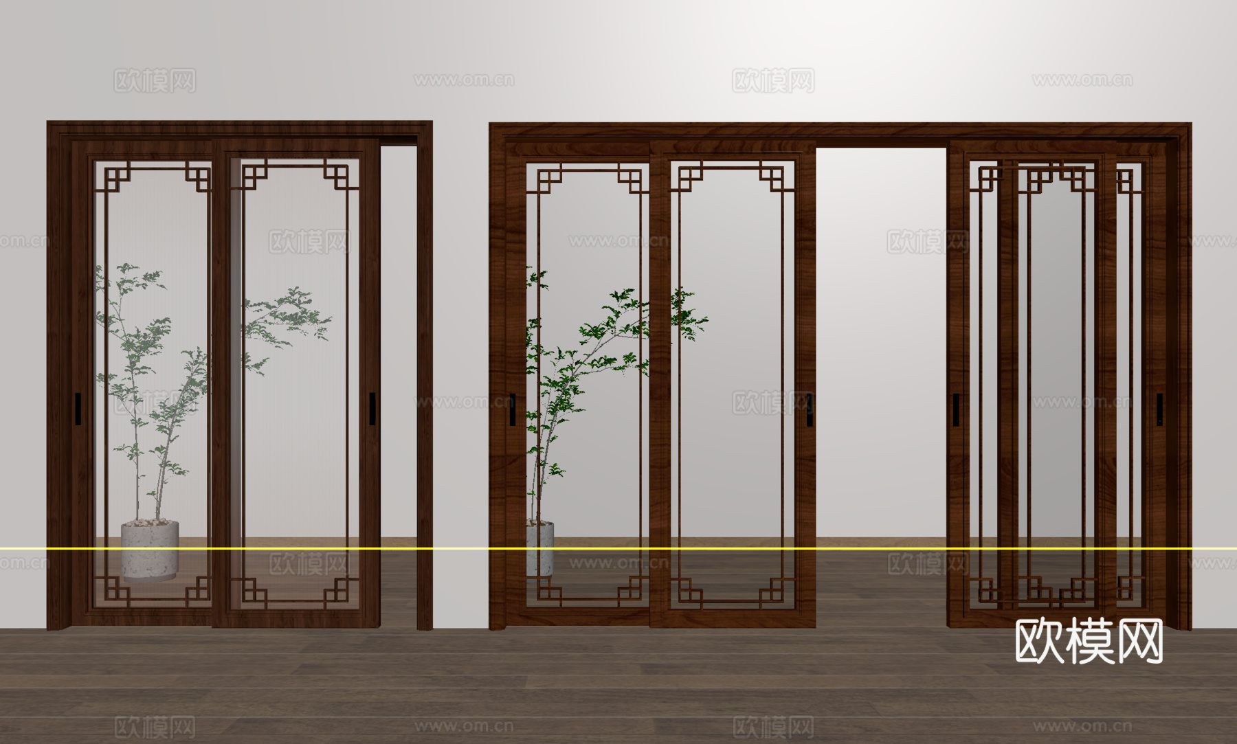 新中式推拉门 阳台门 玻璃推拉门 厨房门su模型