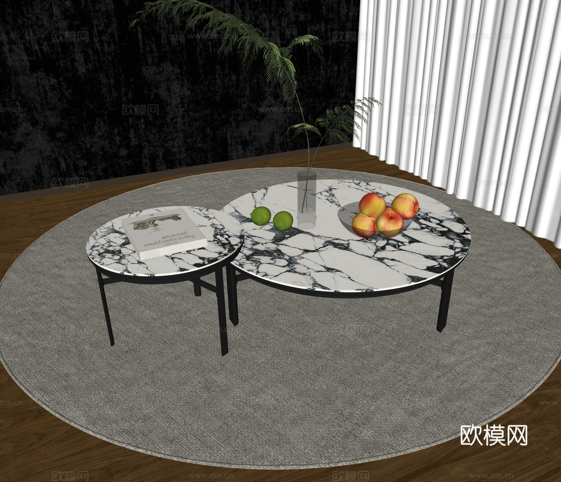 现代茶几 大理石茶几 子母茶几 茶几摆件 水果su模型